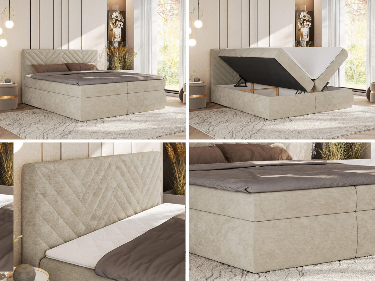 BOXBETT AVERTA 160/200 - Beige Schenille glatt - H3 - Beige, Textil (160/200cm) - MKS