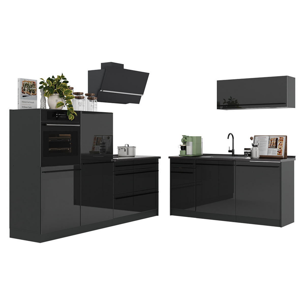 KÜCHENZEILE R-Line, Anthrazit Hochglanz/Anthrazit, 220 cm Arbeitsplatte Anthrazit - Schwarz Hochglanz/Anthrazit, Holzwerkstoff (220/143/60cm) - Vicco