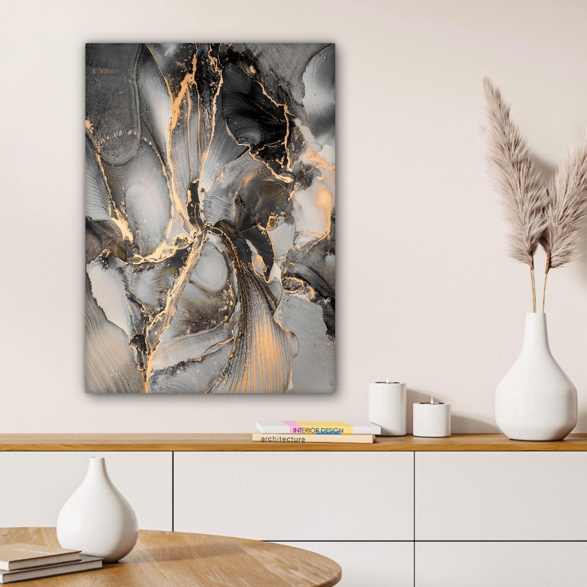 LEINWANDBILD Grau - Luxus - Gold - Marmor Wandbild Wohnzimmer 60x80 cm - Dunkelgrau, Textil (60/80cm) - MuchoWow