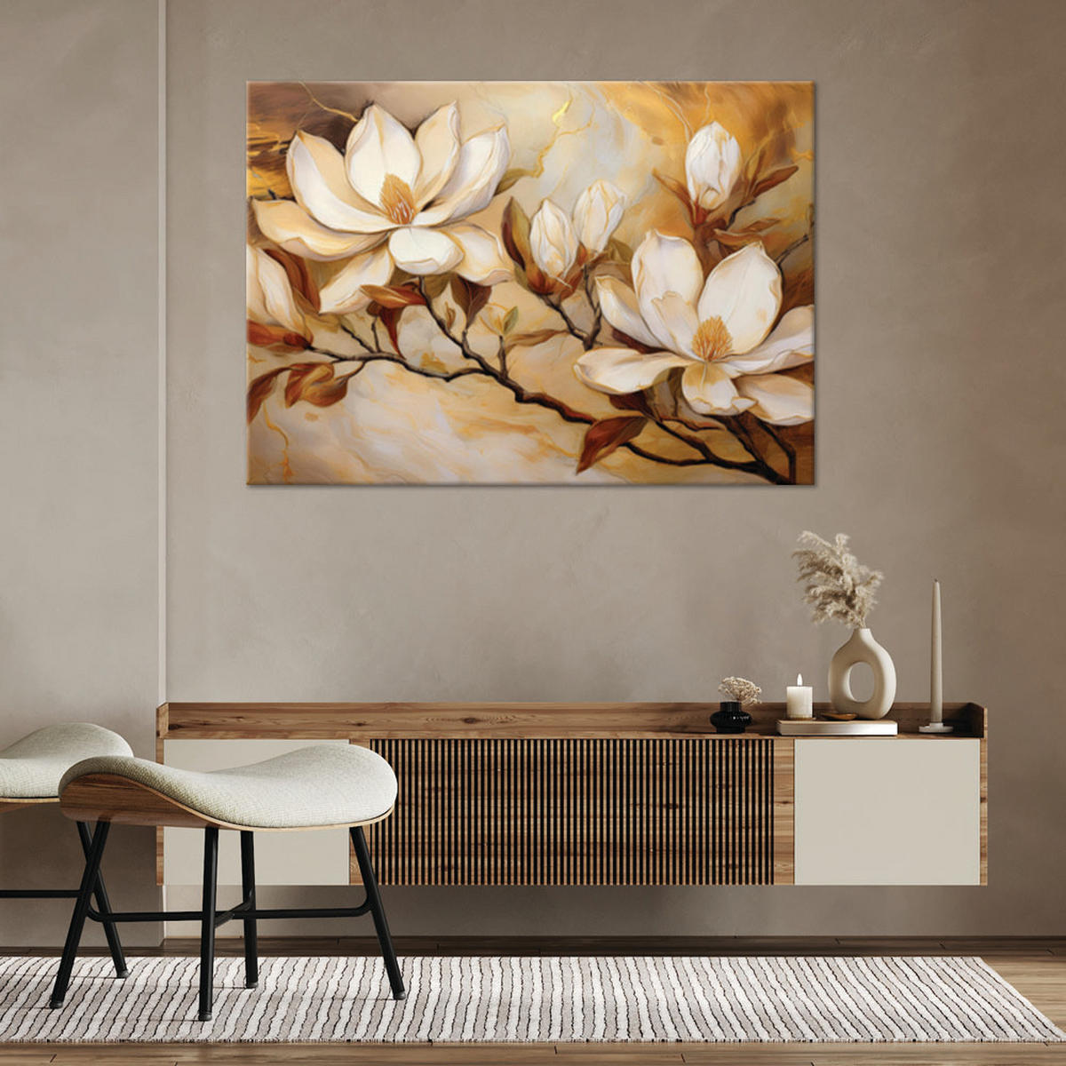 WANDBILD magnolien blumen pflanzen marmor gold - Beige, Textil (60/40cm) - Feeby