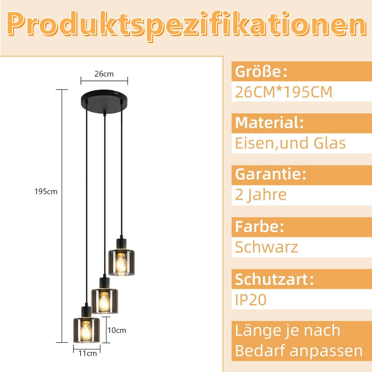 HÄNGELEUCHTE Klassik 3-flammig 26/26/195 cm - Grau, Glas (26/26/195cm) - Nettlife