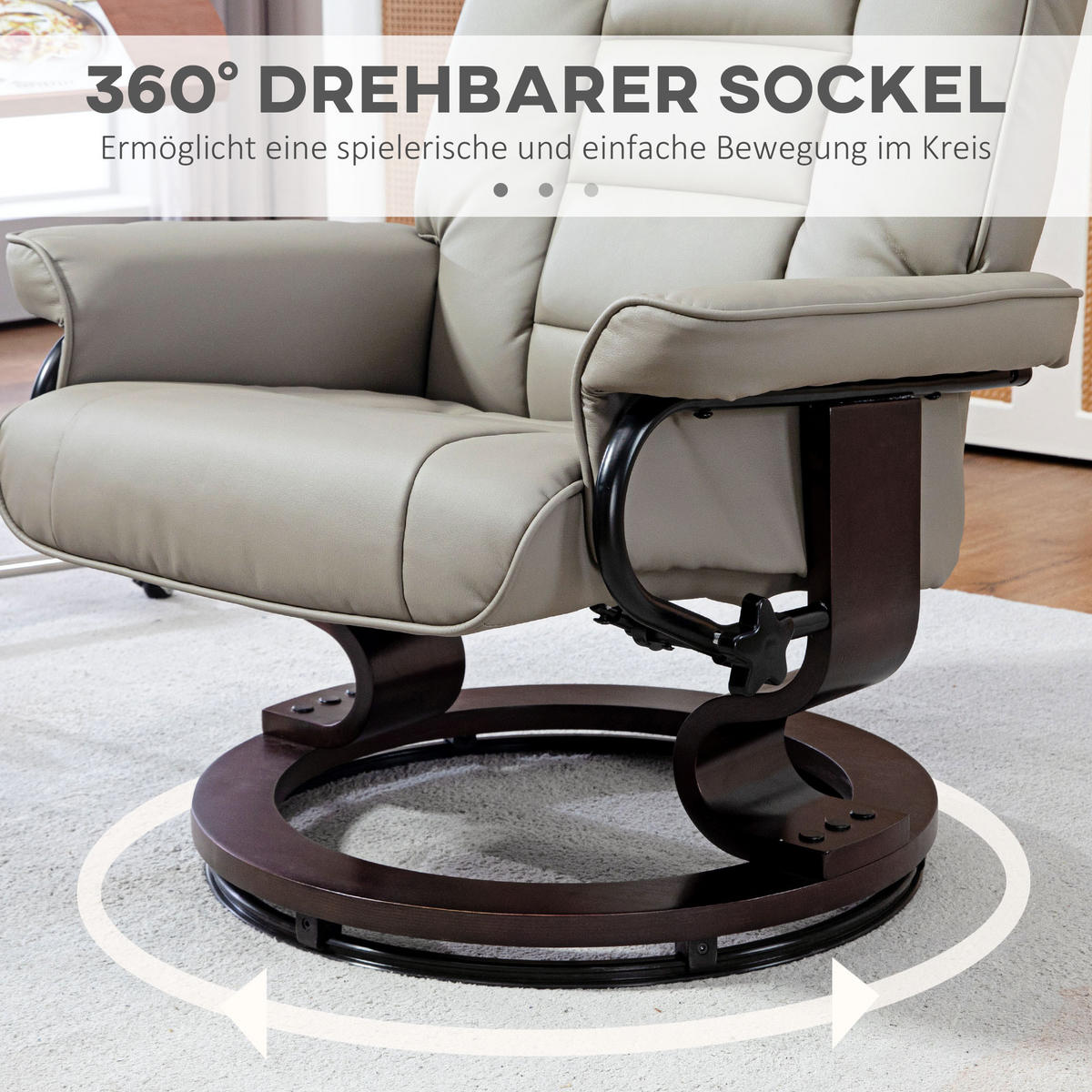 RELAXSESSEL mit Hocker, Drehbar Fernsehsessel mit Liegefunktion Kunstleder, Grau - Grau, Leder (85/104/76cm) - HOMCOM