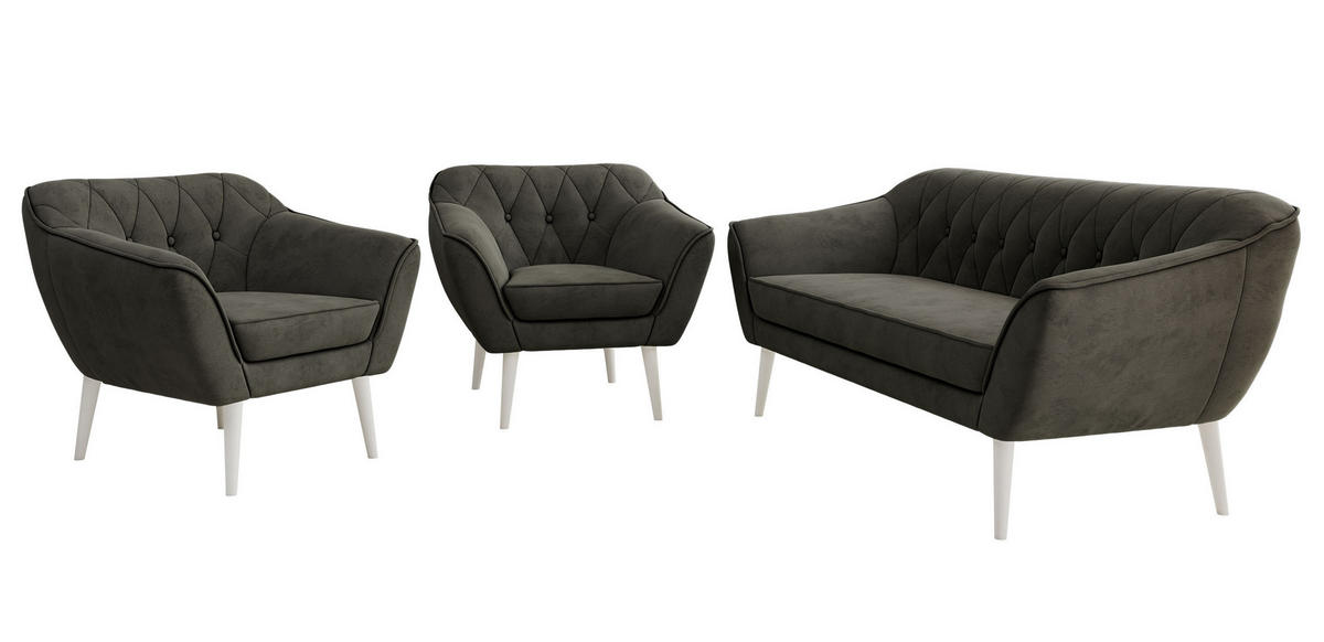 SEDACÍ SOUPRAVA 3+1+1 PIRS - Tmavě šedá Samet - Bílé nohy - bílá/tmavě šedá, kompozitní dřevo/textil (180/75/74cm) - MKS