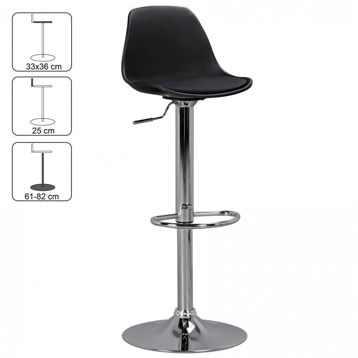 BARHOCKER Lederoptik Verchromt Drehbar BERN, Schwarz 40x40x104 cm - Silberfarben/Schwarz, Kunststoff/Textil (40/104/40cm) - KADIMA DESIGN