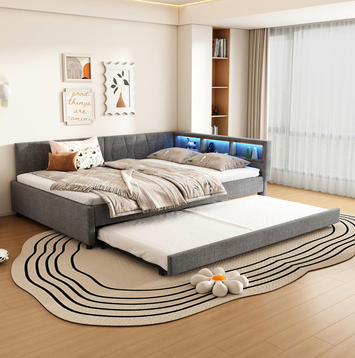 POLSTERBETT 140/200 cm Grau aus Leinen und MDF mit LED-Lichtleiste - Grau, Textil (140/200cm) - OKMYHOME