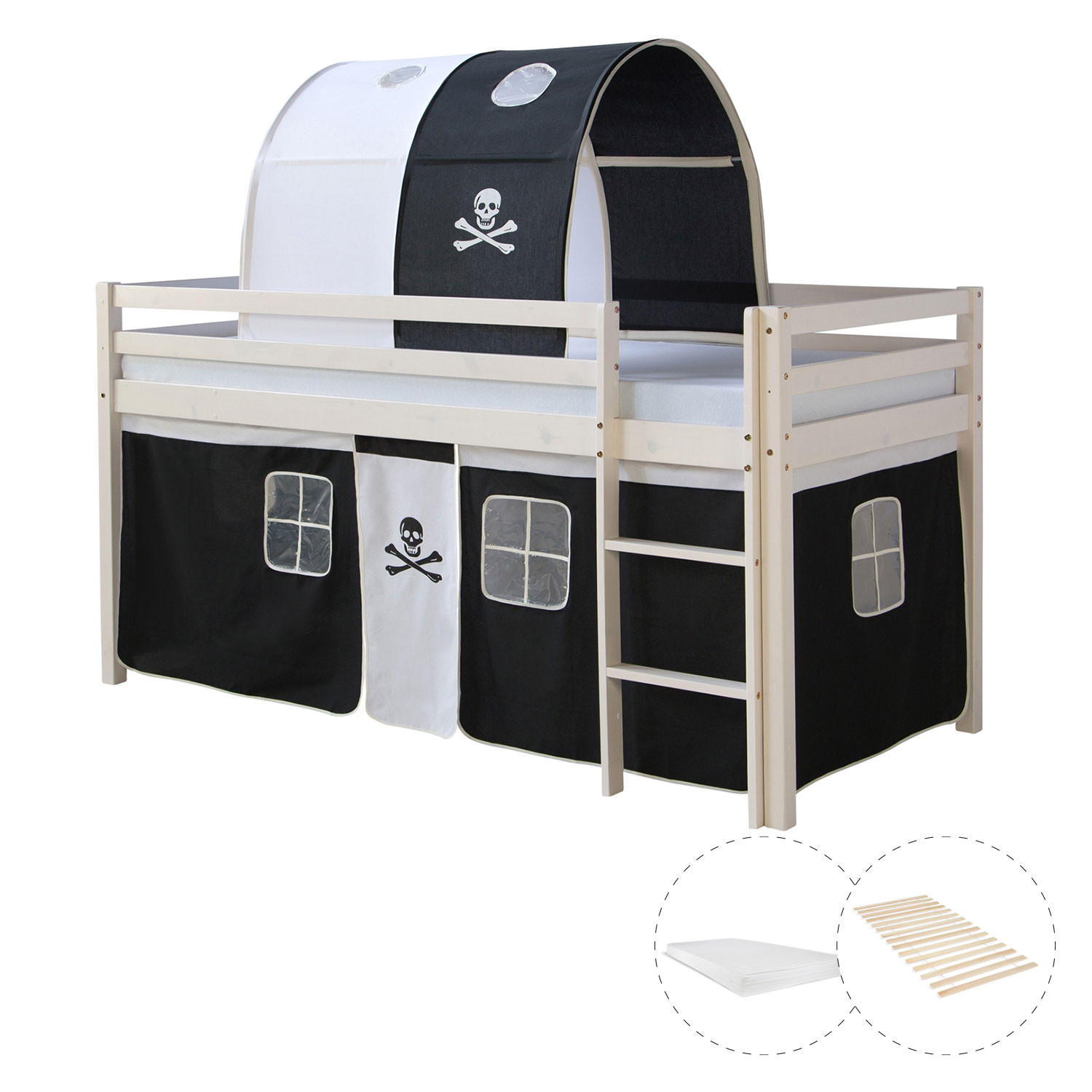 HOCHBETT mit Matratze Tunnel 90/200 cm Pirat - Schwarz/Weiß, Holz - Homestyle4u