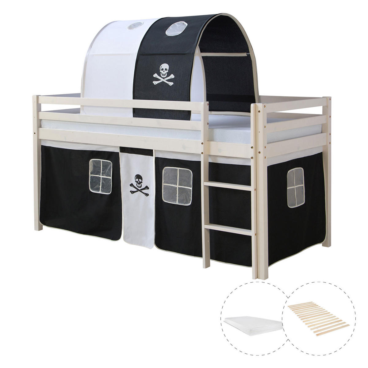 HOCHBETT mit Matratze Tunnel 90/200 cm Pirat - Schwarz/Weiß, Holz - Homestyle4u