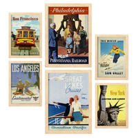 POSTER Set Mit 6 Vereinigte Staaten Vollfarbige Illustrationen Von Vintage Tourismus Werbetafeln Aus Der Ganzen Welt A3 & A4 Rahmen Aus Hellem Holz - Beige, Papier (29/3cm) - Nacnic