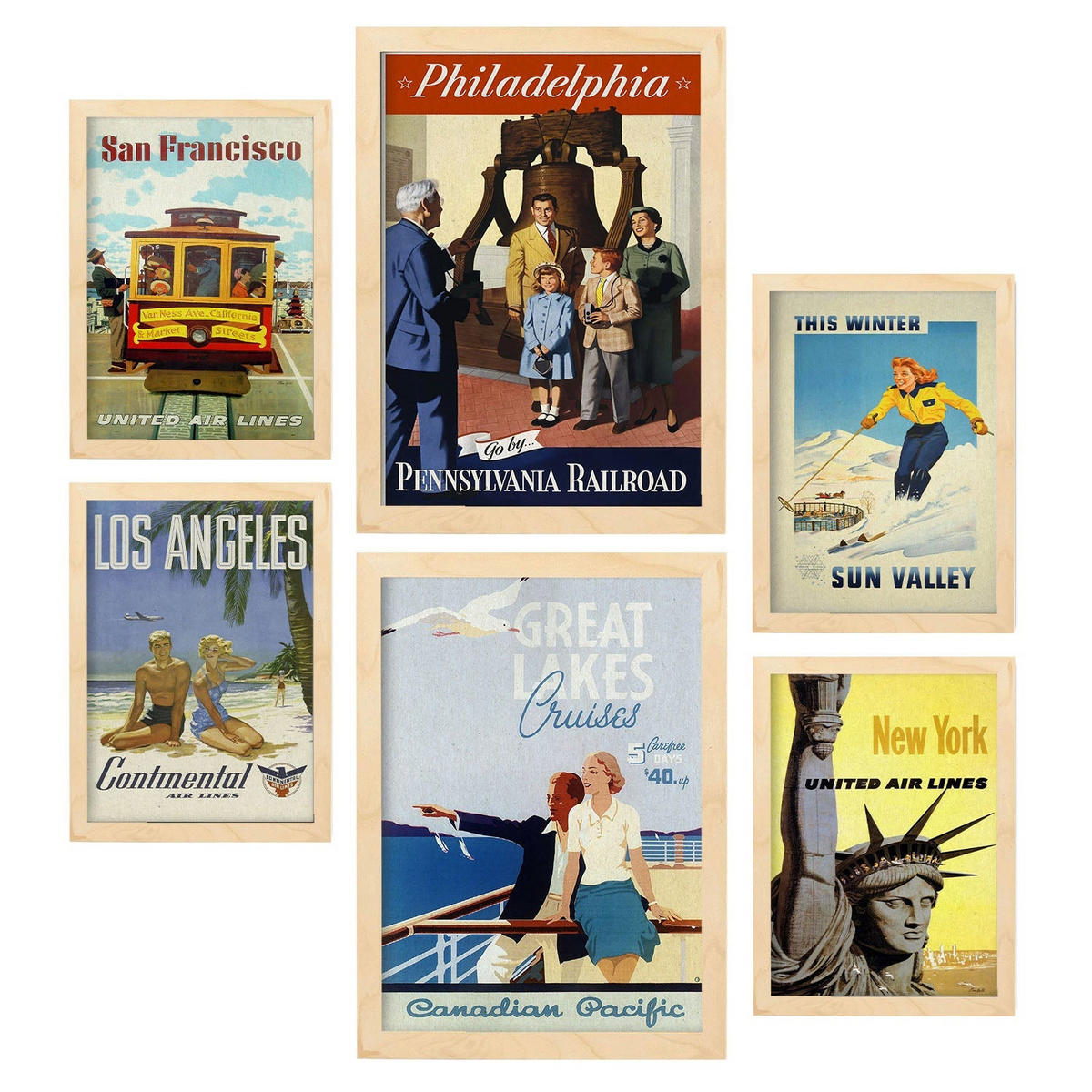 POSTER Set Mit 6 Vereinigte Staaten Vollfarbige Illustrationen Von Vintage Tourismus Werbetafeln Aus Der Ganzen Welt A3 & A4 Rahmen Aus Hellem Holz - Beige, Papier (29/3cm) - Nacnic