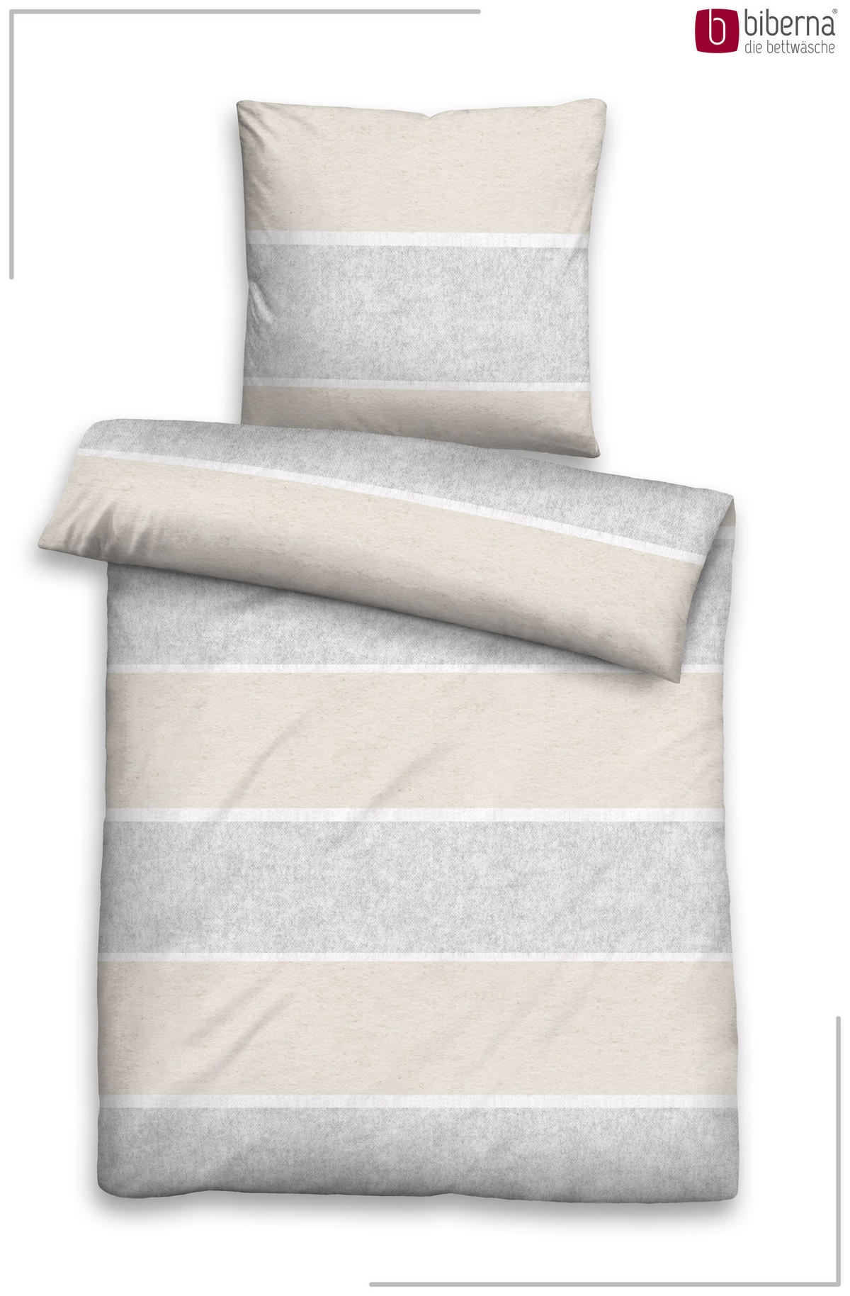 BETTWÄSCHE-GARNITUR Premium Melange Blockstreifen kitt, 155x200 cm + 80x80 cm - Beige, Textil (155/200cm) - biberna
