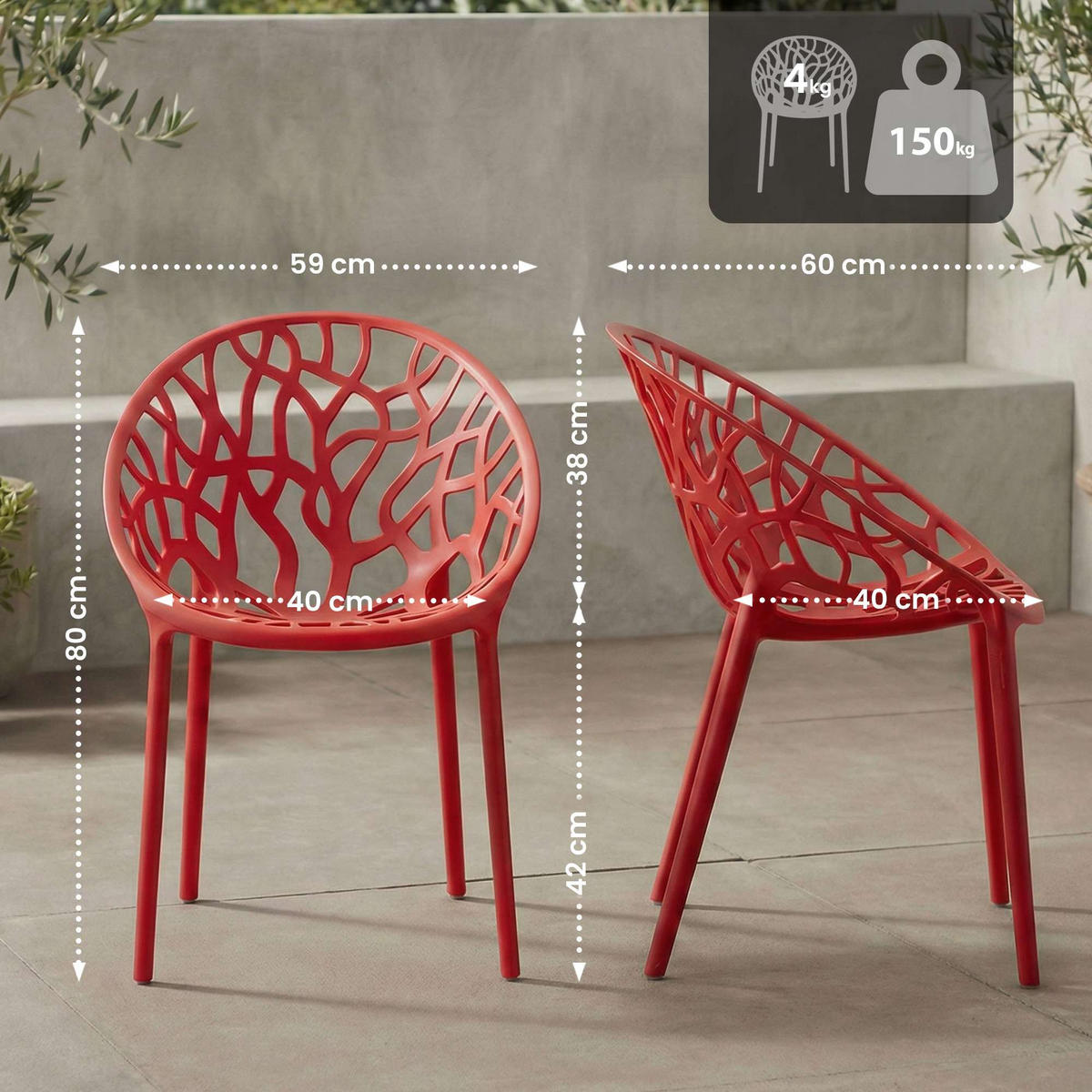 GARTENSTUHL Kunststoff Rot - Rot, Kunststoff (59/80/60cm) - CLP