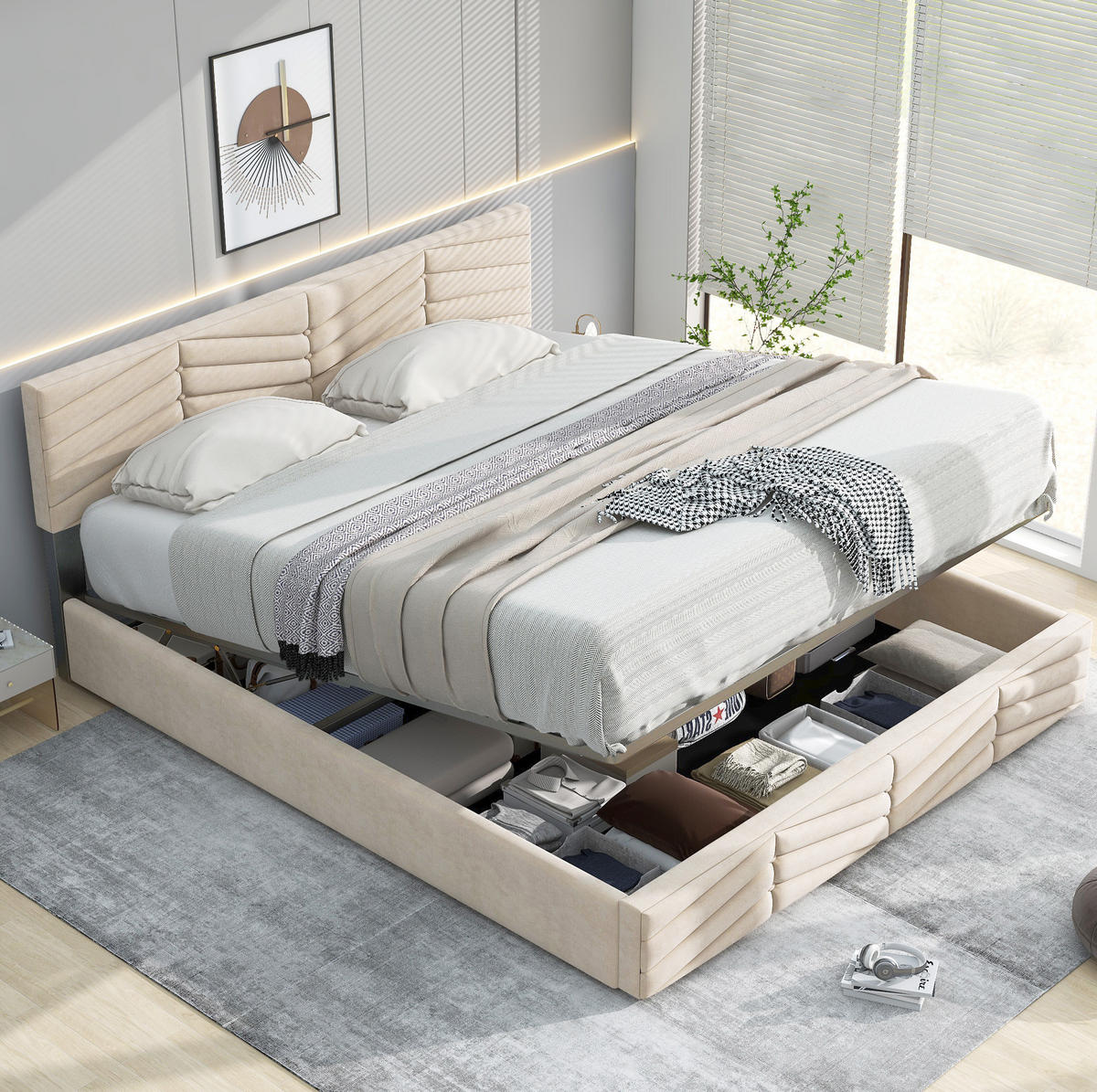 TAPECIRANI krevet 140/190 cm bež od baršuna s podesivim uzglavljem i letvičastom podlogom - bež, tekstil (140/200cm) - OKWISH