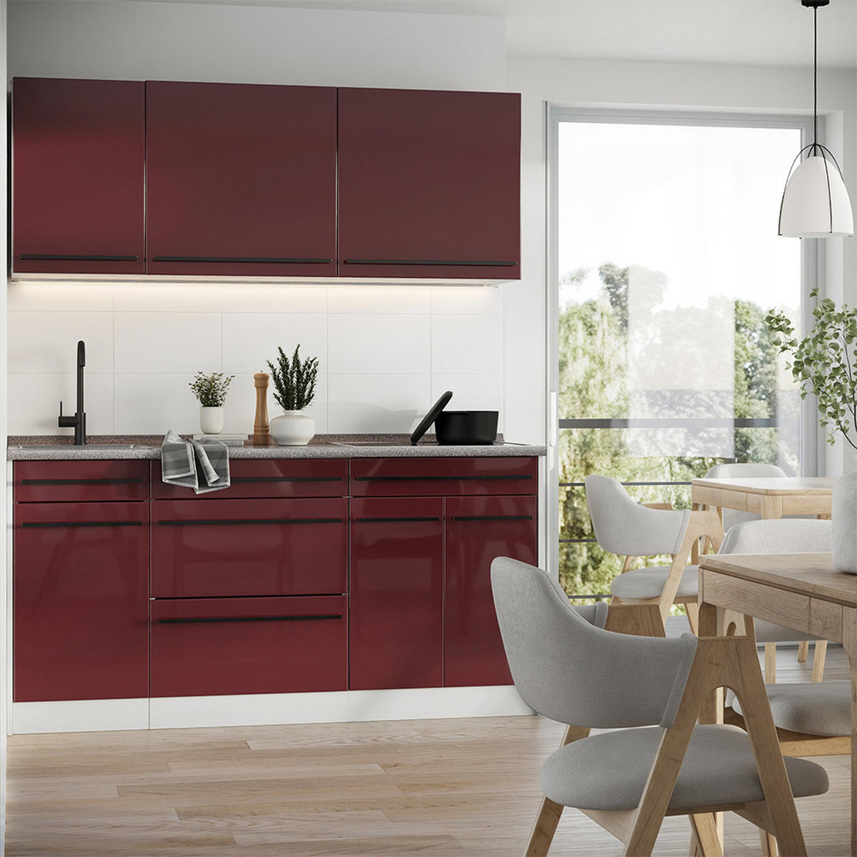 SINGLEKÜCHE R-Line, Rot Hochglanz/Weiß, 160 cm Arbeitsplatte Anthrazit - Rot/Weiß, Holzwerkstoff (160/81.6/60cm) - Vicco