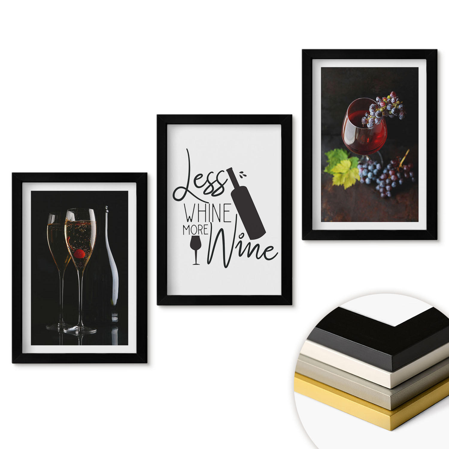 WANDBILDER 3er-Set - 20x30 cm Schwarzer Rahmen - Weingläser mit Trauben und Inschrift - Schwarz, Kunststoff (20/30cm) - ArtPrintCave