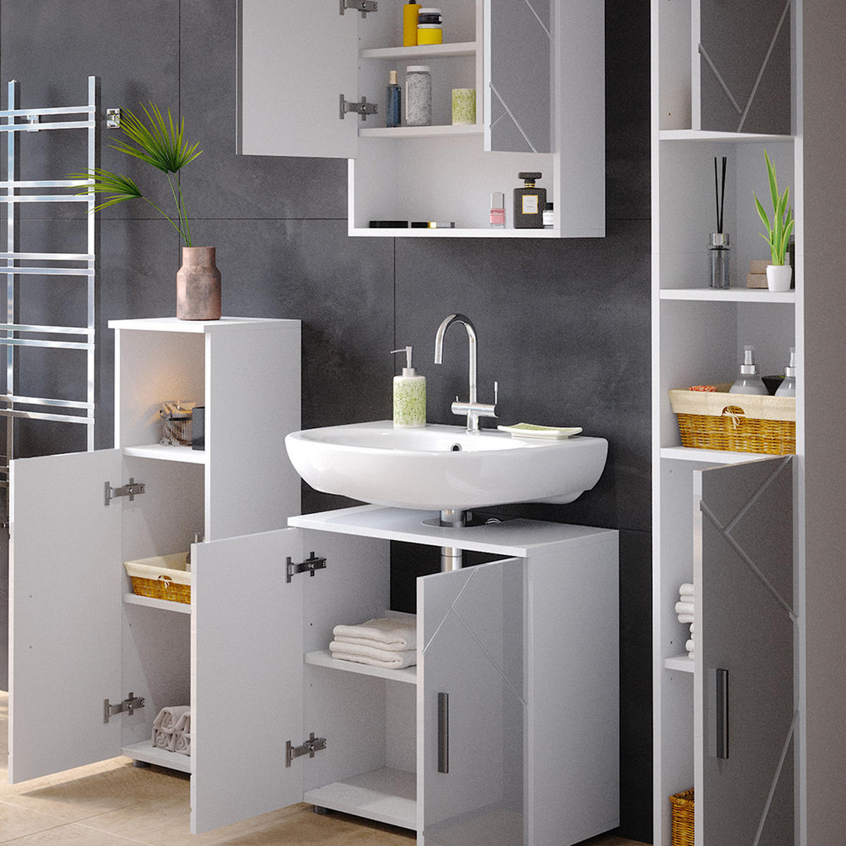 BADMÖBEL-SET Irma Weiß Hochglanz 4 Teile, mit Hochschrank - Weiß Hochglanz/Weiß, Holzwerkstoff (80/58.6/41cm) - Vicco