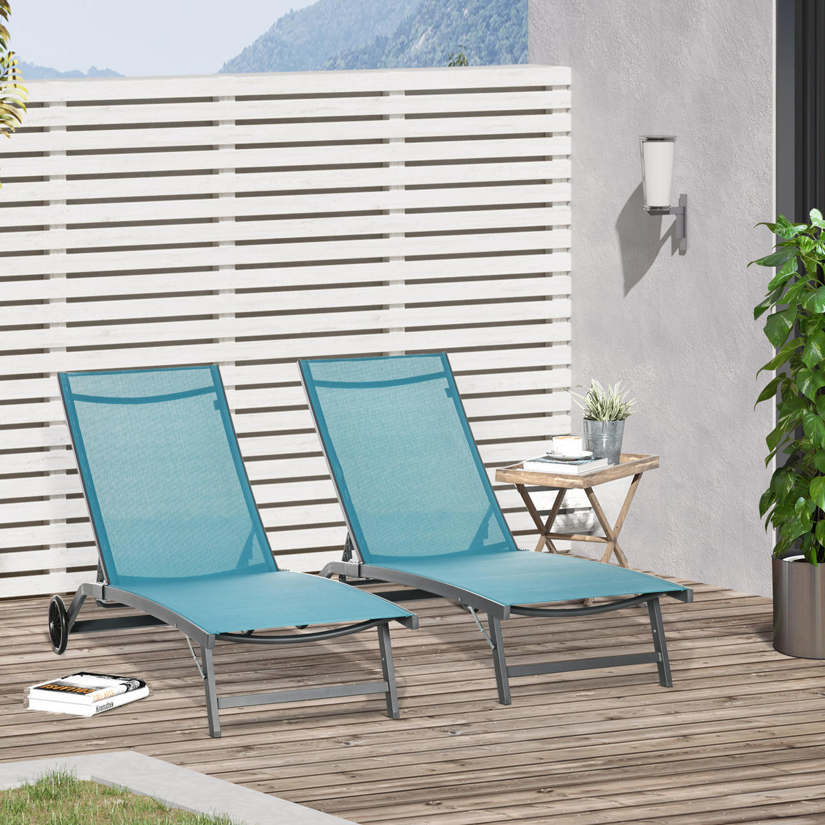 SONNENLIEGE DE-15613 2er-Set mit Rollen und 5-fach verstellbarer Rückenlehne Blau - Blau, Metall (66/34/195cm) - ComfortXL
