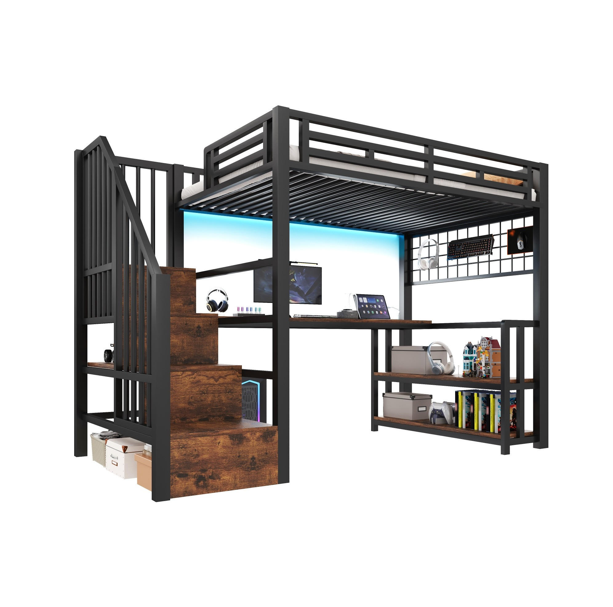 HOCHBETT 90/200 cm, Schwarz mit Schreibtisch, LED-Lichtleiste - Schwarz, Metall (90/200cm) - MIVRAY