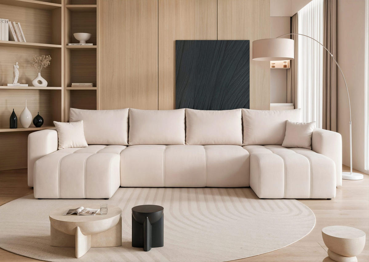 WOHNLANDSCHAFT U-Form Velours mit Bettkasten und Schlaffunktion - Creme, Holzwerkstoff/Textil (318/79/145cm) - Idohome