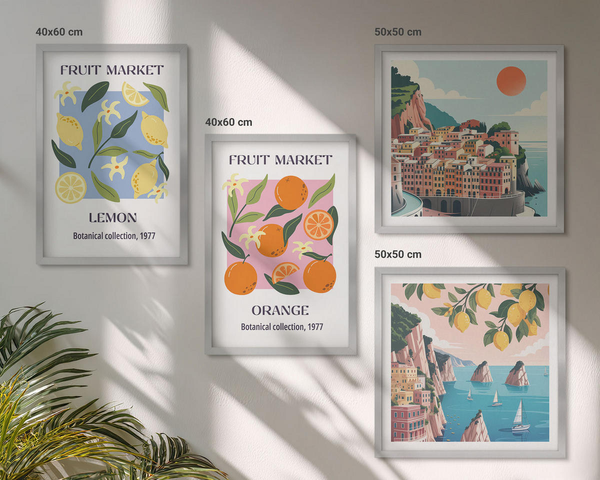 WANDBILDER 4er Set - 50x50 cm & 40x60 cm Silberner Rahmen - Obstposter Zitronen Orangen - Silberfarben, Kunststoff (50/50cm) - ArtPrintCave