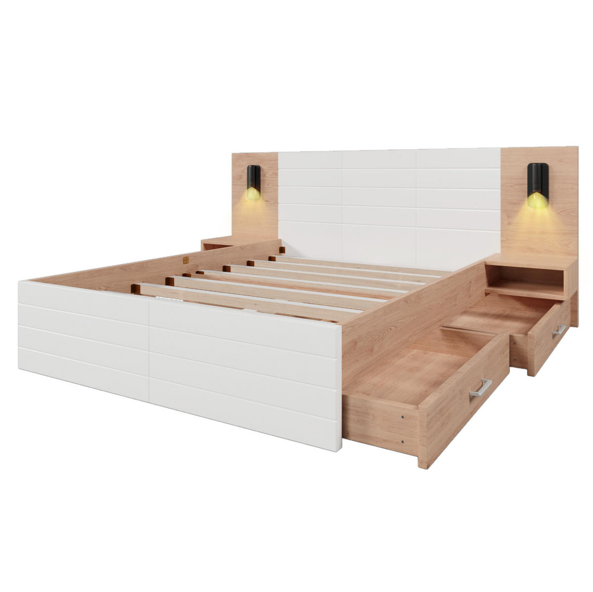 BETT 160/200 cm mit 2 Schubladen, Leselicht & USB, Massivholz/MDF, Weiß/Eiche - Weiß, Holzwerkstoff (160/200cm) - Redom