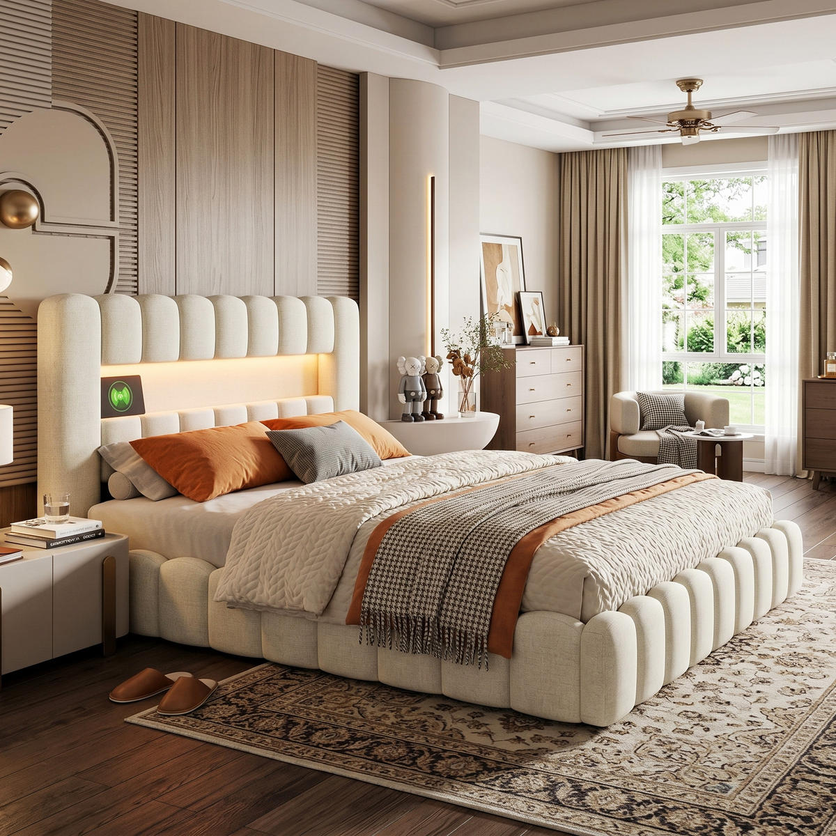POLSTERBETT Modern 140/200 cm mit Bettkasten LED & USB Leinenoptik Beige - Beige, Textil (140/200cm) - Creahappy