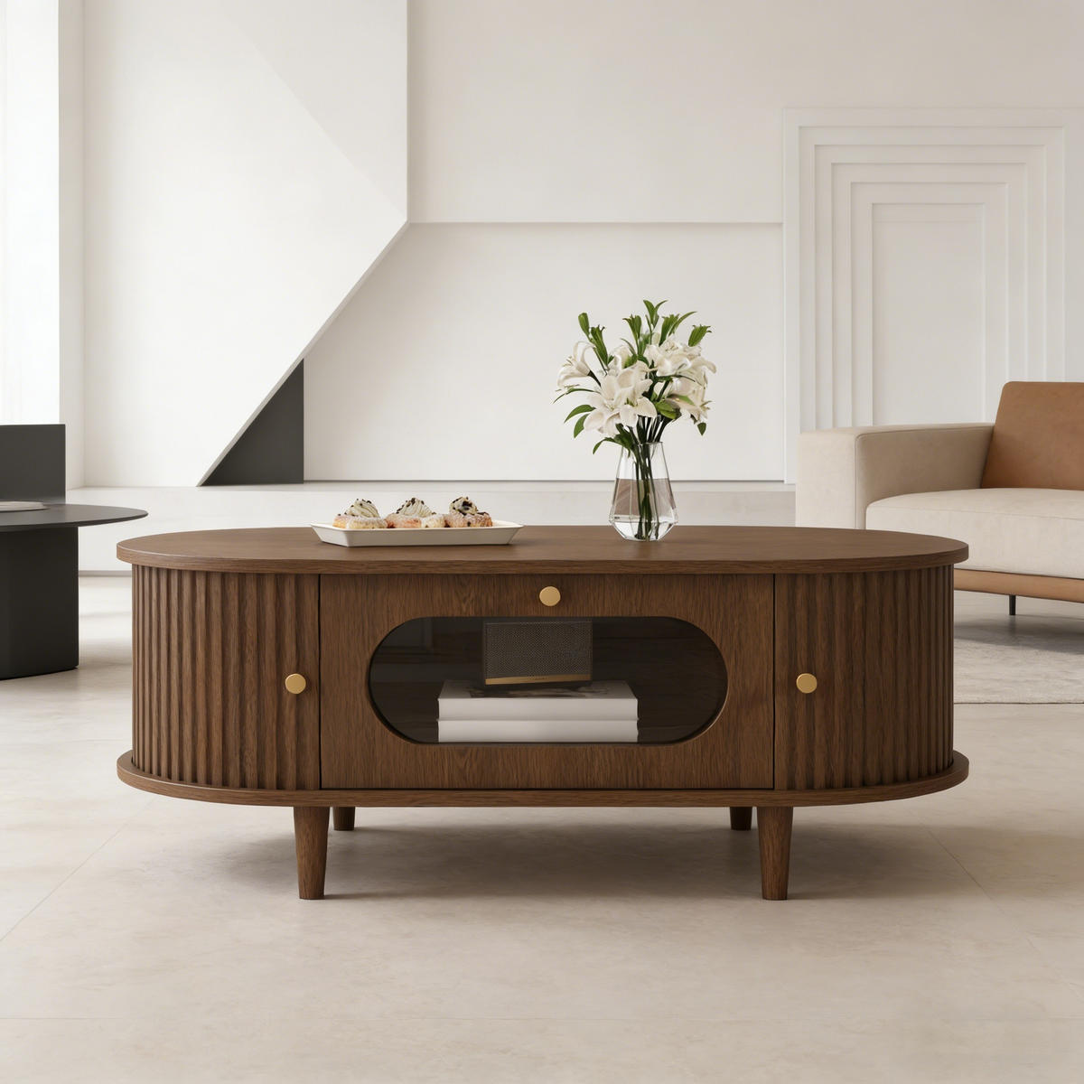 COUCHTISCH Walnuss 1 Schublade Rolltür 4 Beine 100x50x36cm - Walnussfarben, Holzwerkstoff (100/50/36cm) - FLIEKS