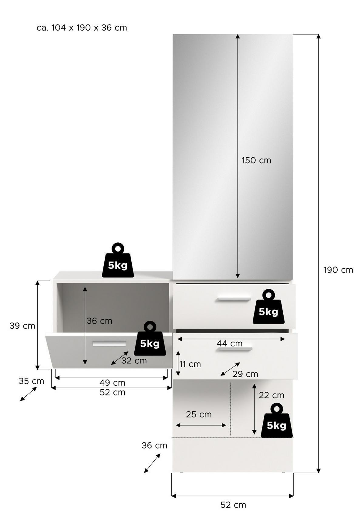 GARDEROBE Set weiß 104 x 190 cm, Komplettset 2-teilig mit Spiegel - Silberfarben/Weiß, Glas/Holzwerkstoff (104/190/36cm) - Inn.Furn