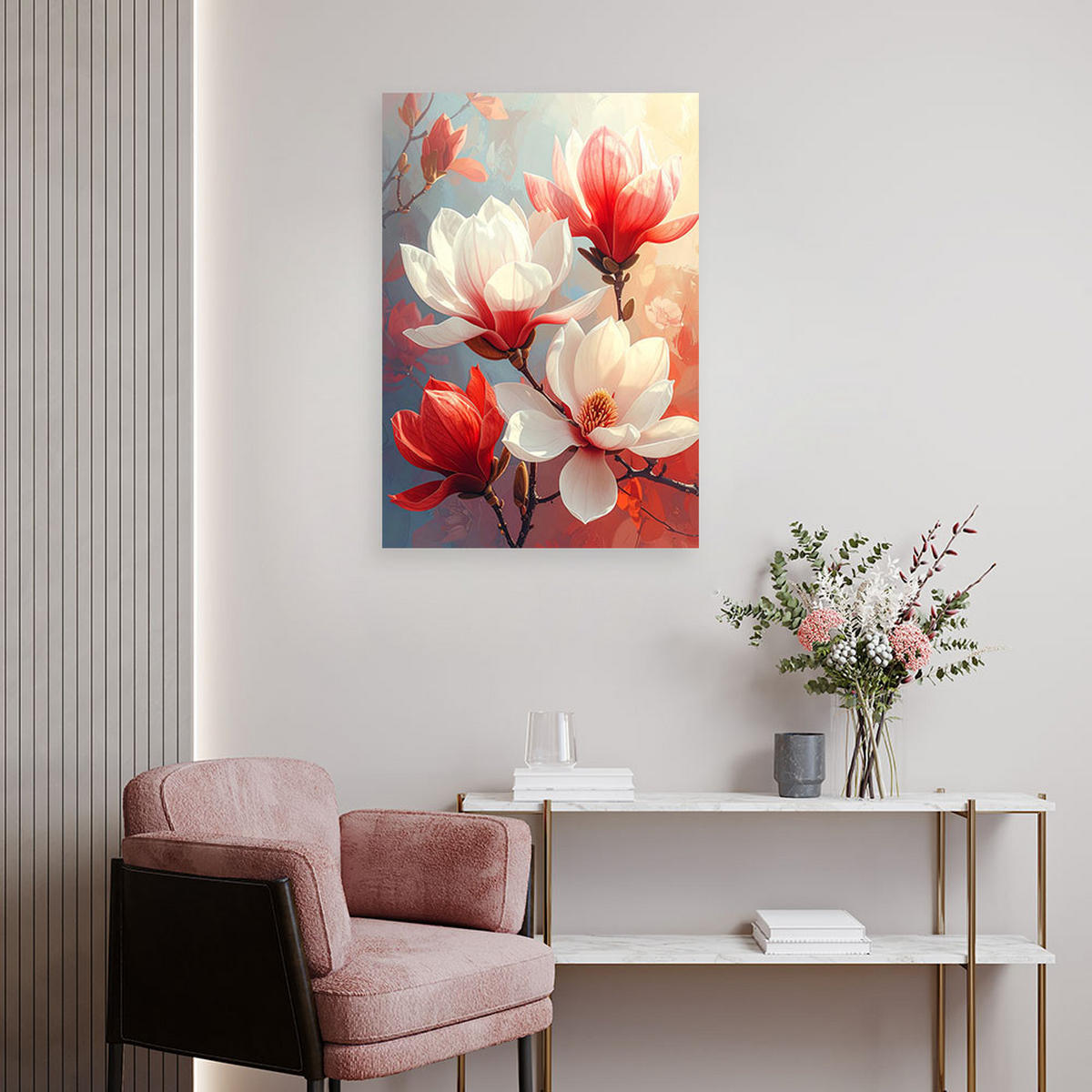 LEINWANDBILDER, Weiße und rote Magnolien in zarten Pastelltönen - Rot, Textil (70/100cm) - Feeby