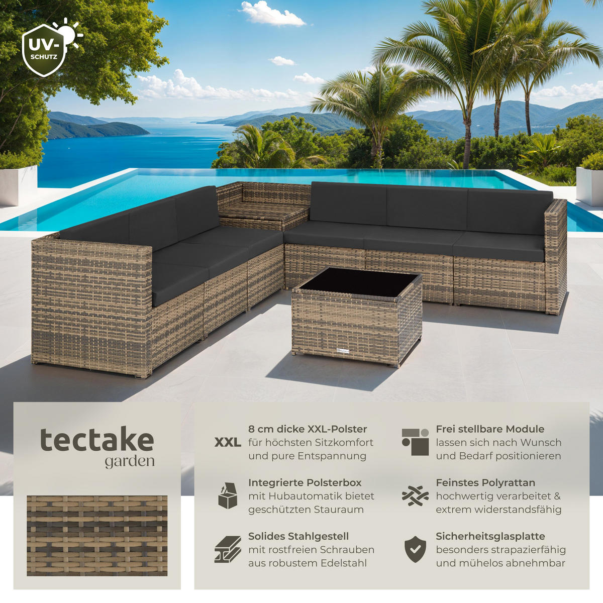 RATTANLOUNGE Verona,mit Sicherheitsglasplatte,natur - Naturfarben, Kunststoff - tectake