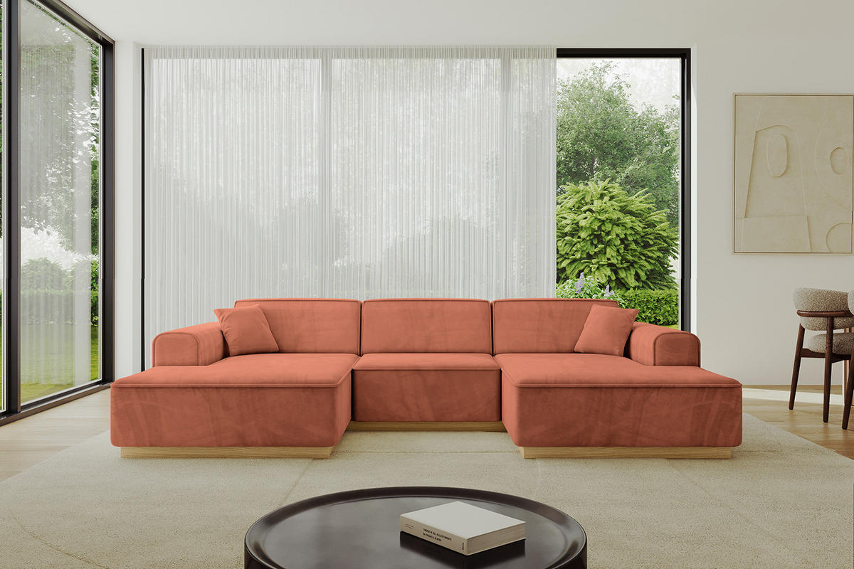 WOHNLANDSCHAFT IREA-U1-v2 - 297x165x81 cm Apricot - Koralle, Holzwerkstoff/Textil (297/81/165cm) - ALTDECOR