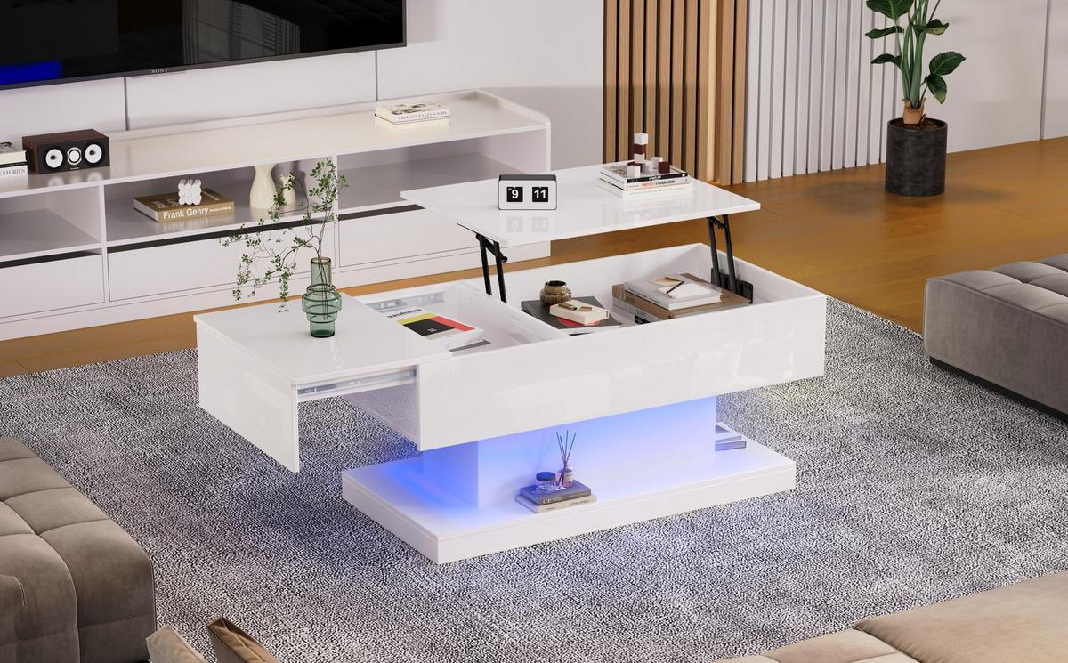KOMMODE/COUCHTISCH, Hochglanz Weiß, hydraulischer Lift, seitlich verschiebbares Tischblatt, integrierte LED, 100/50/45 cm,Weiß - Weiß, Holzwerkstoff (100/50/45cm) - Redom