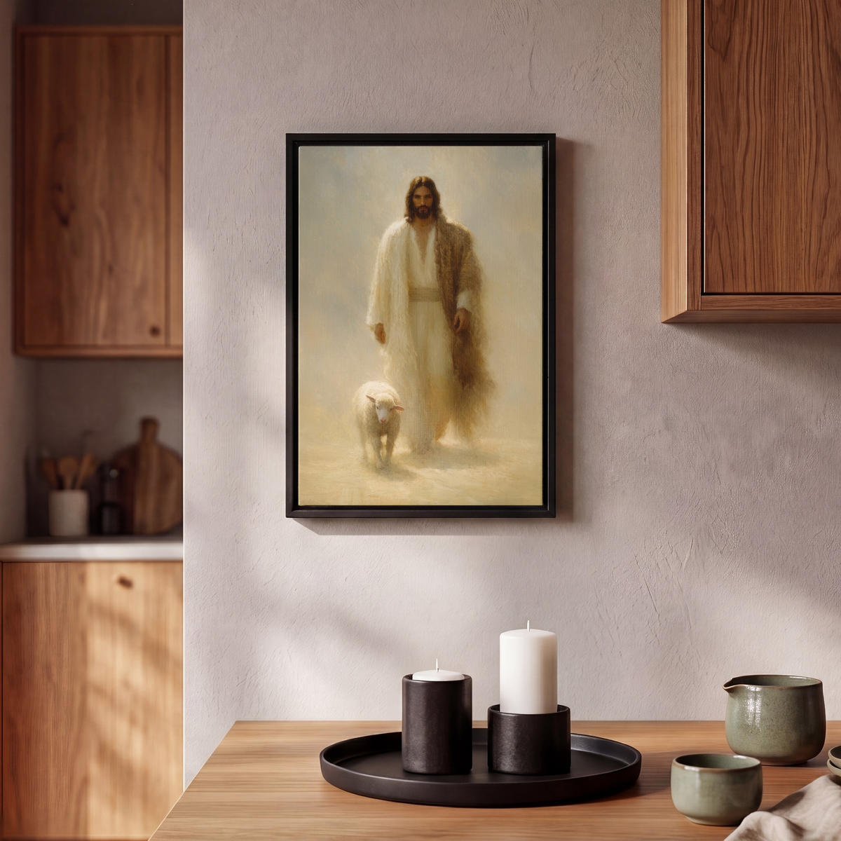 LEINWAND Bilder mit Rahmen - Schaf - Jesus - Pinselstriche - Abstrakt - 20x30 - Beige, Textil (20/30cm) - MuchoWow