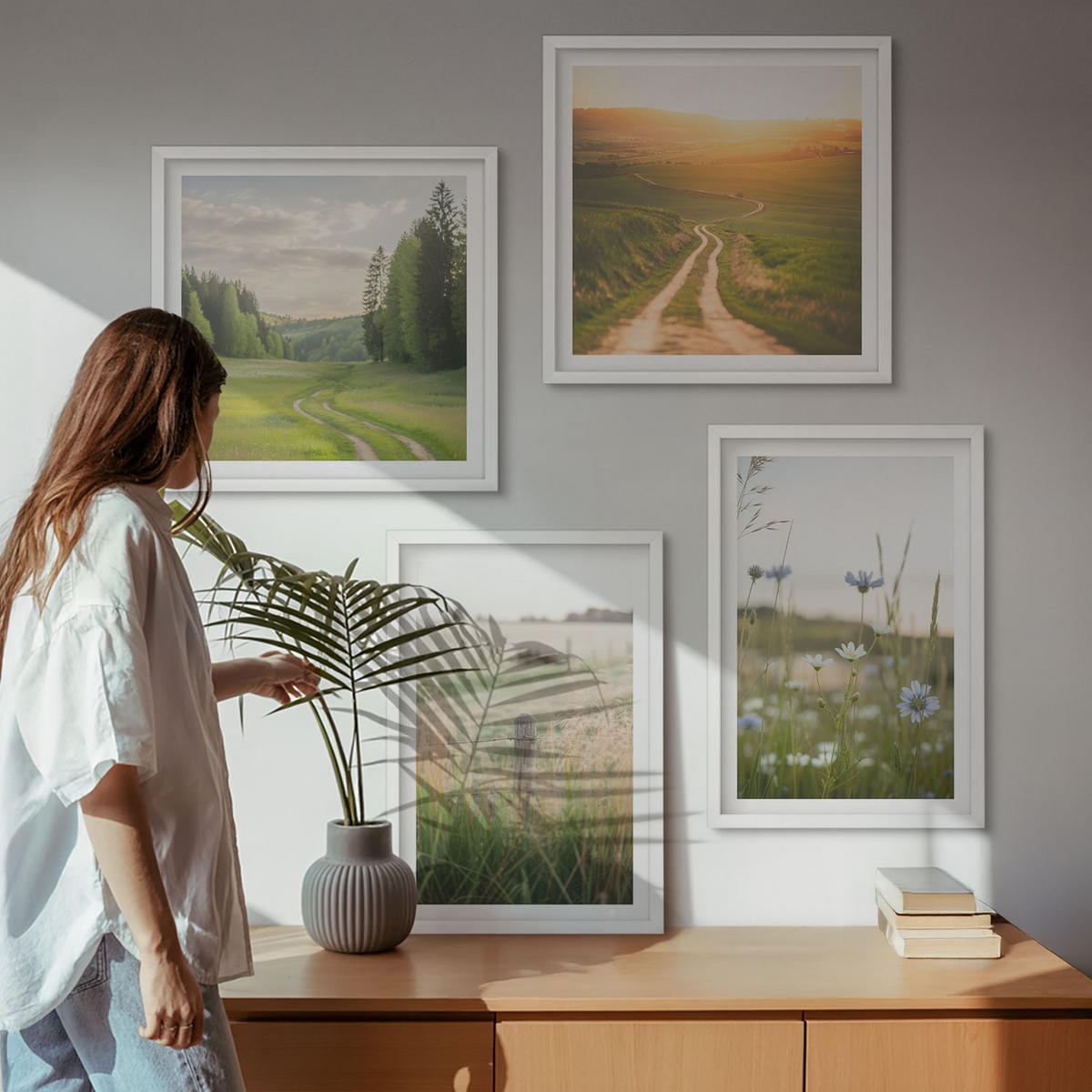 BILDER SET 4er Set - 50x50 cm & 40x60 cm Weißer Rahmen - Landschaften Natur Felder Sonne - Weiß, Kunststoff (50/50cm) - TULUP