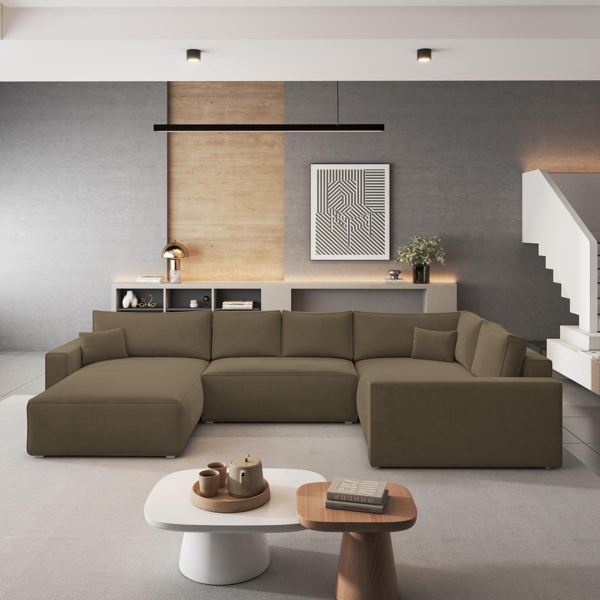 ROHOVÁ SEDAČKA VELAMI béžová - šedá/béžová, dřevo/textil (365/194cm) - MASSENO