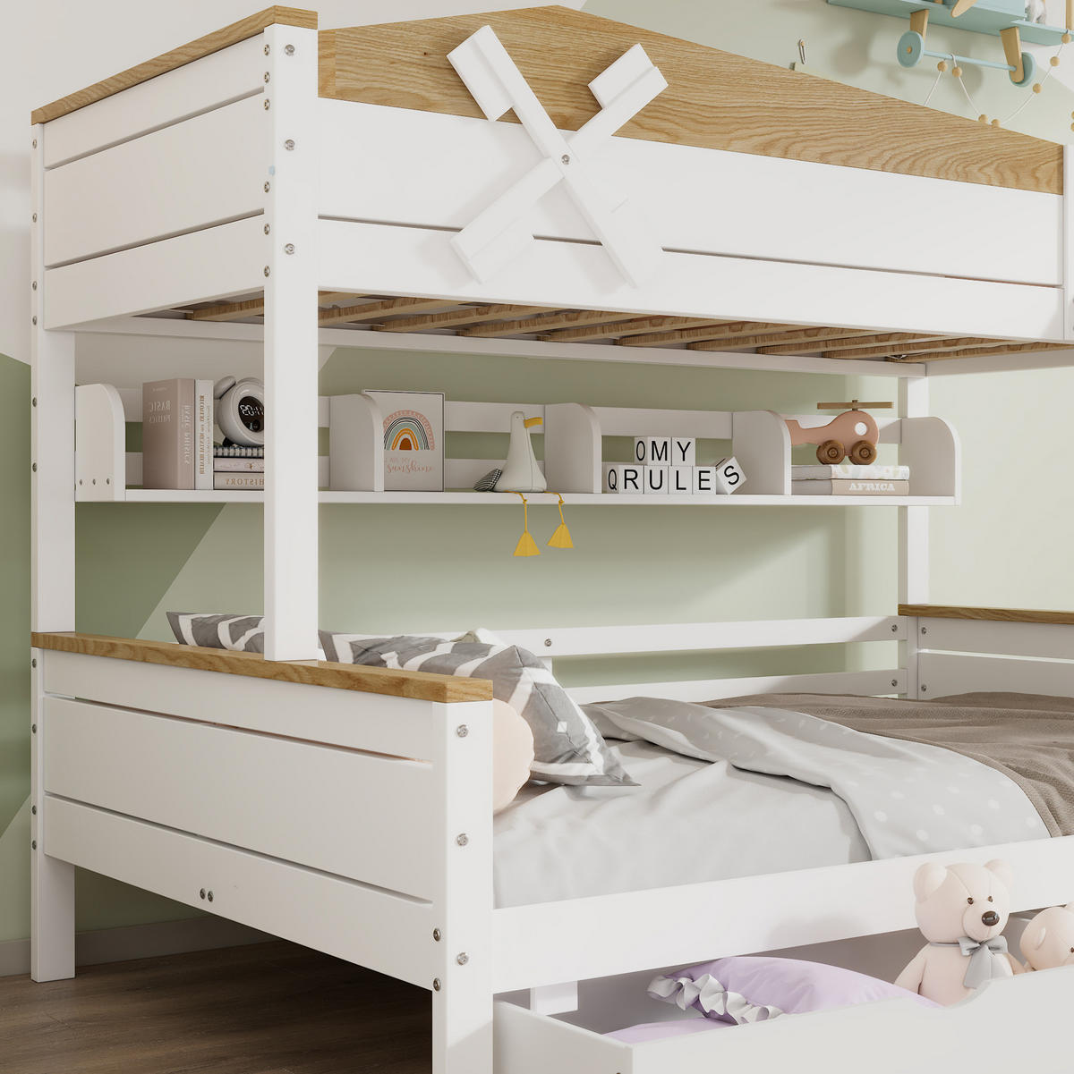 ETAGENBETT aus Kiefer und MDF 90x200/140x200 cm Weiß/Natur mit Schubladen und Regalen - Weiß, Holzwerkstoff (90/200cm) - IVMEU