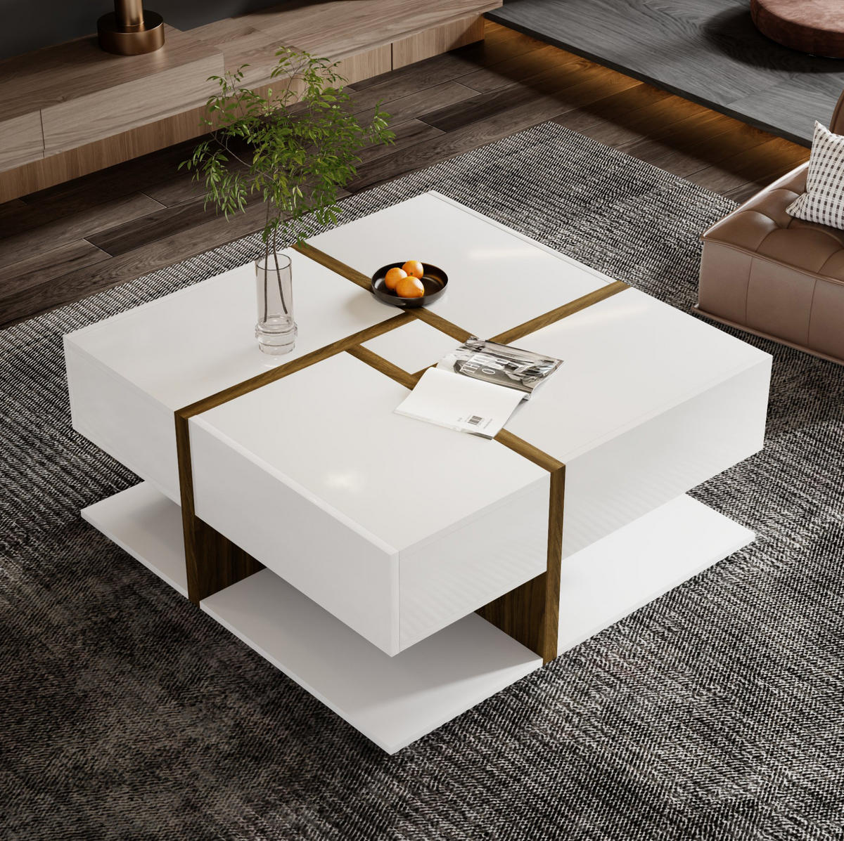 COUCHTISCH 78/78/34.8 cm Weiß und Holzfarbe aus Spanplatte mit 4 Schubladen und Hochglanzoberfläche - Weiß, Holzwerkstoff (78/78/34.8cm) - OKMYHOME