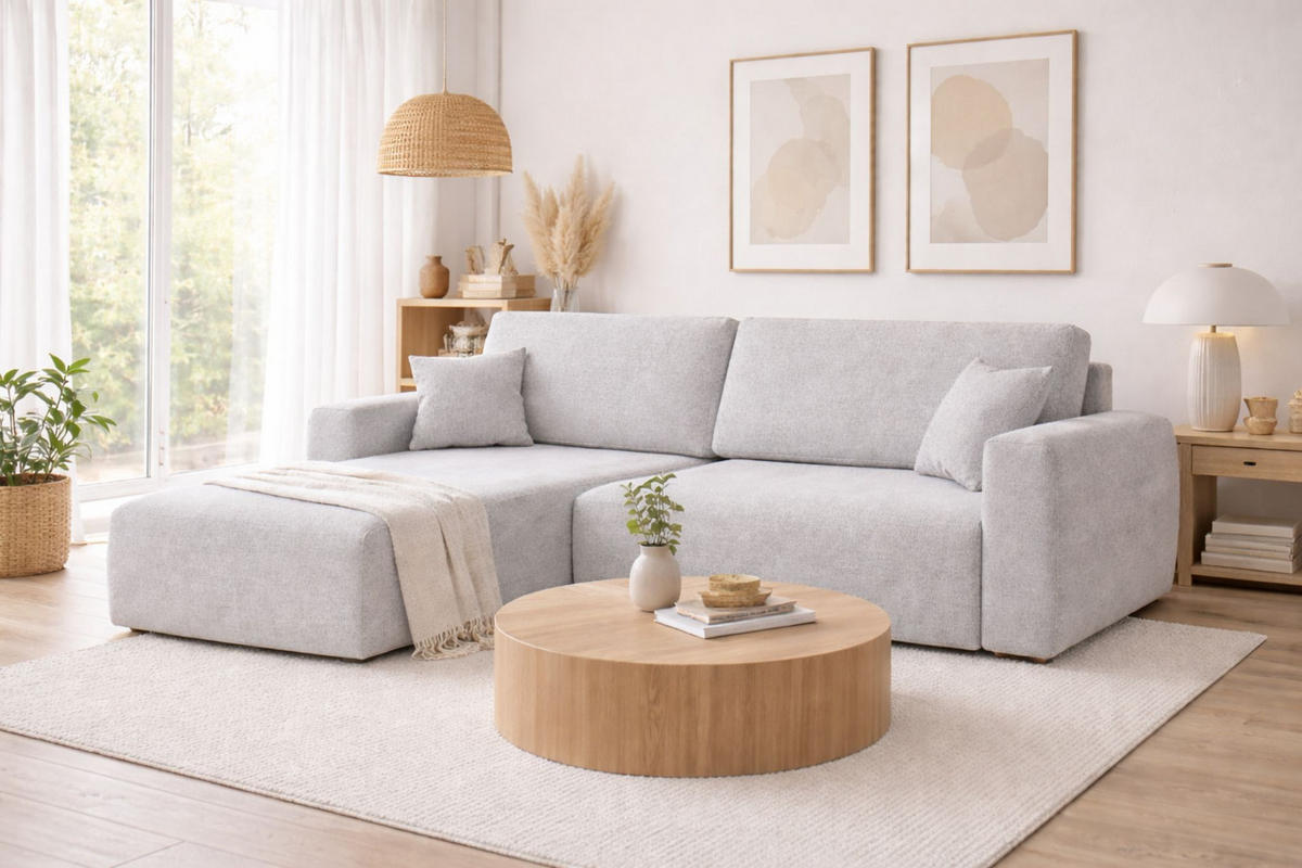 ECKSOFA Mit Schlaffunktion Ariel L, Chenille, Stoff Artico, Cement, Links - Hellgrau, Holz (250/142cm) - Kaiser Möbel