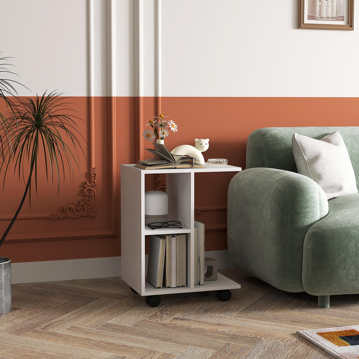 BEISTELLTISCH in C-Form, Couchtisch mit Rollen, 45 x 35 x 58 cm, Weiß - Weiß, Holzwerkstoff (35/45/58cm) - HOMCOM