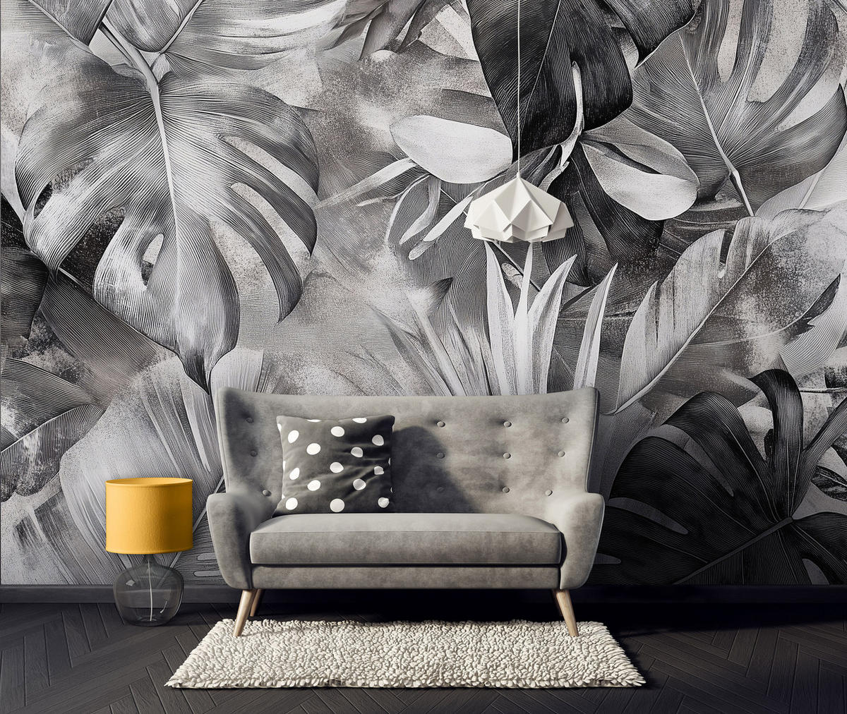FOTOTAPETE Monstera Blätter Schwarz Weiß 150x105 - Multicolor, Papier (150/105cm) - Wallarena