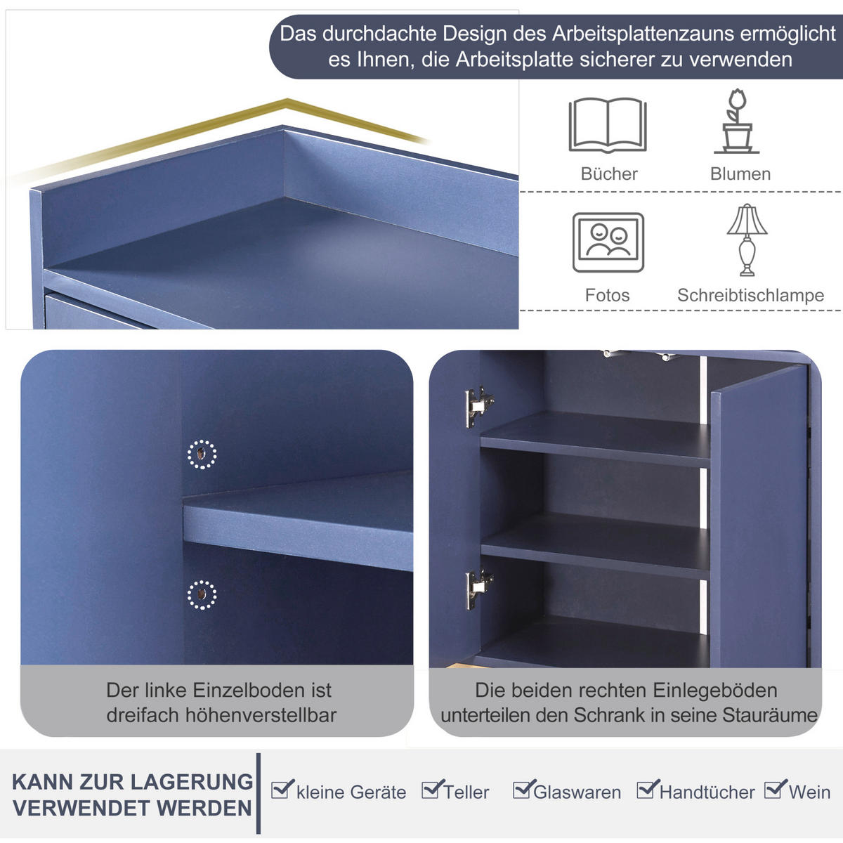 SIDEBOARD, Kommode mit 4 Türen, Verstellbaren Einlegeböden und goldenen Metallrahmen, Blau - Blau, Holz (30/80/120cm)