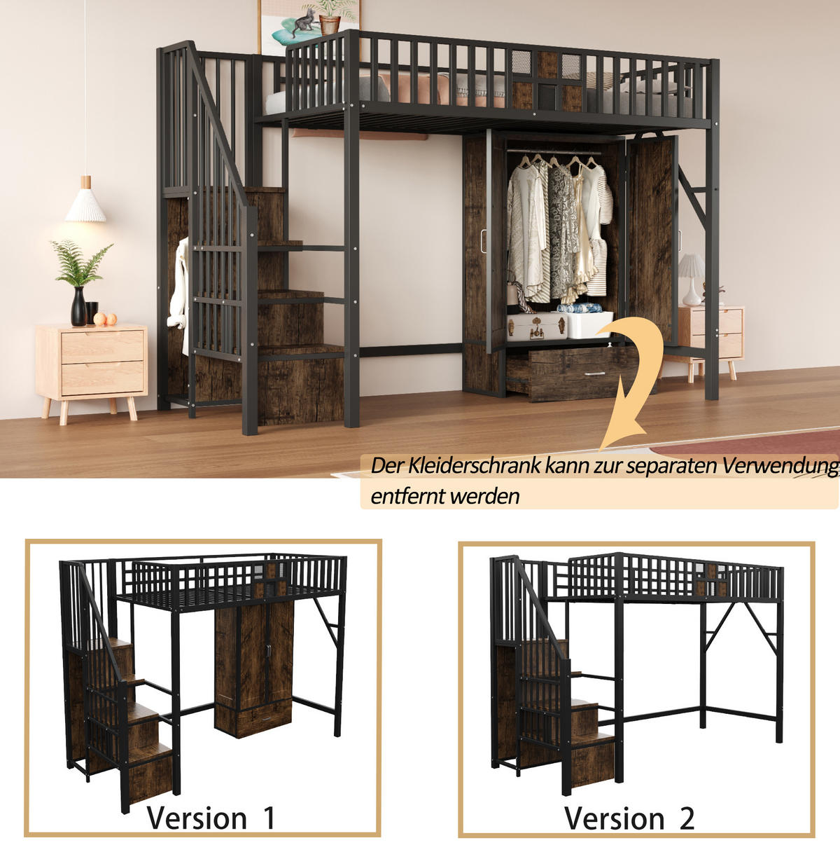 HOCHBETT 90/200 cm in Schwarz mit Stauraumleiter und Kleiderschrank - Schwarz, Metall (90/200cm) - BEAOK