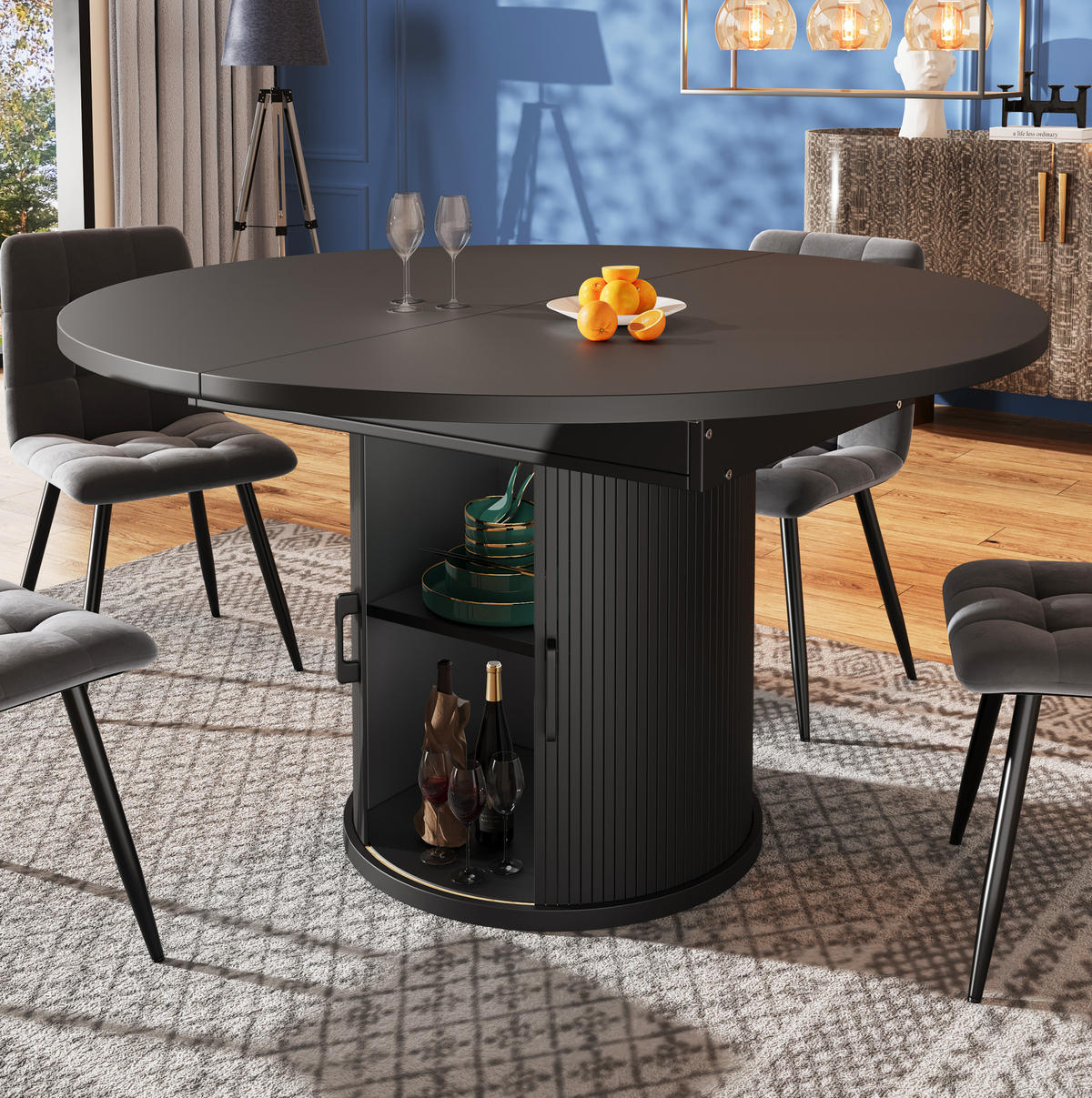 ESSTISCH ausziehbar 118-158 cm MDF Schwarz mit Stauraum - Schwarz, Holzwerkstoff (118/118/76.8cm) - Meubliv