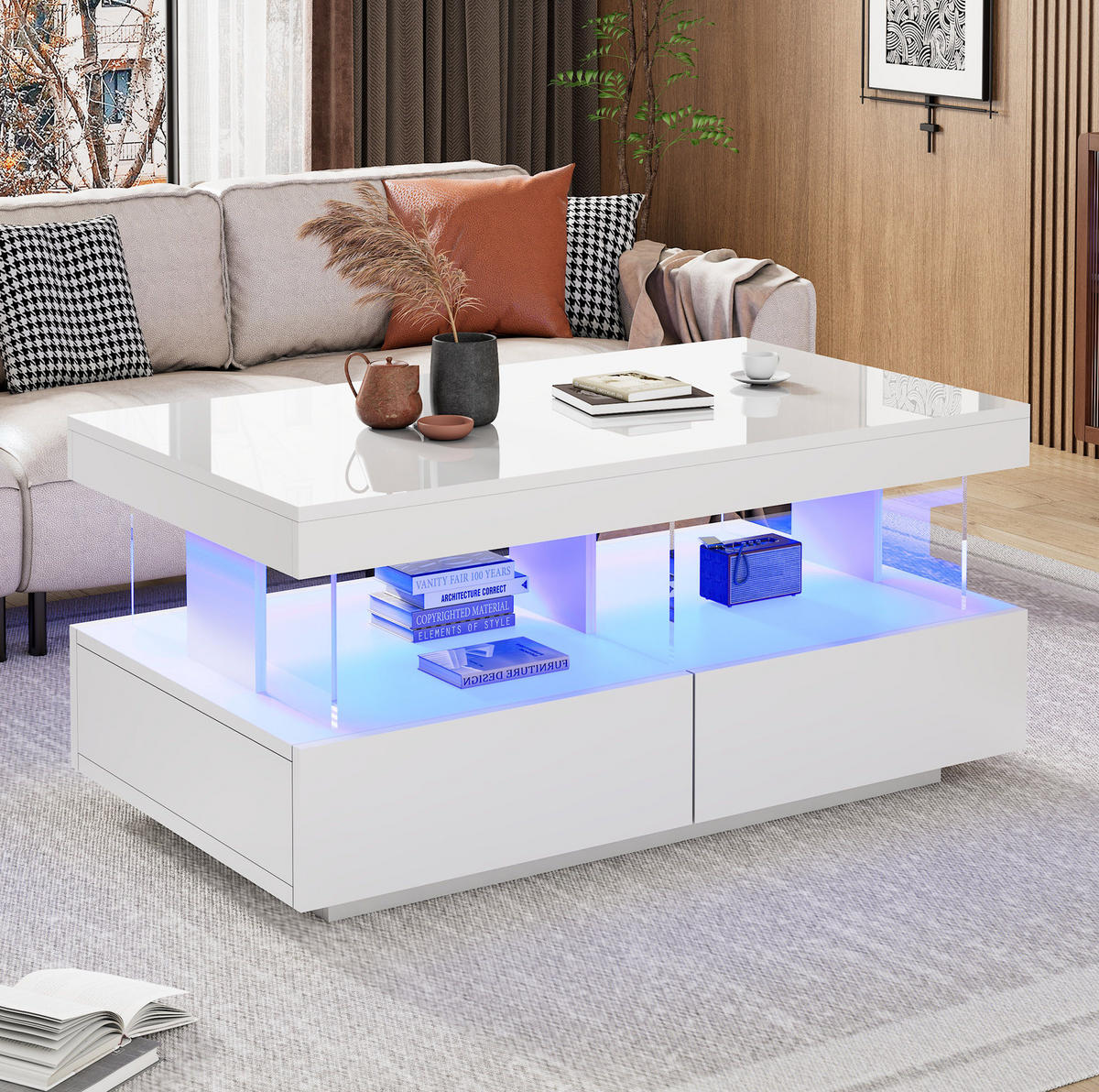 COUCHTISCH aus Spanplatte 100x60x49,5 cm in Weiß mit LED-Beleuchtung - Weiß, Holzwerkstoff (100/60/49.5cm) - Modfu