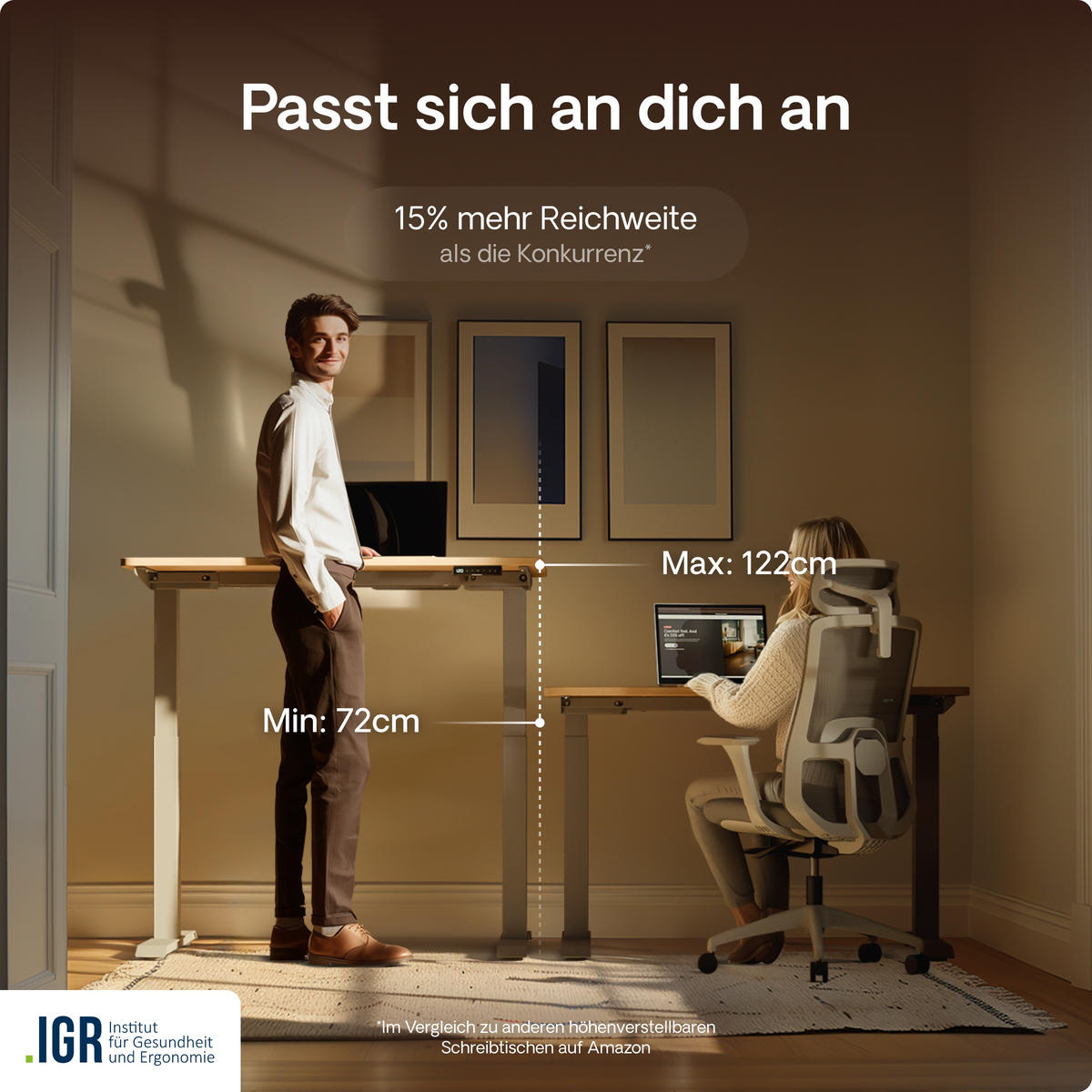 SCHREIBTISCH Elektrisch Höhenverstellbarer HomeOne 120x60cm Grau/Eiche mit Memory-Funktion, Anti-Kollisions Technologie - Eichefarben/Grau, Holzwerkstoff (60/120/72cm) - Desktronic