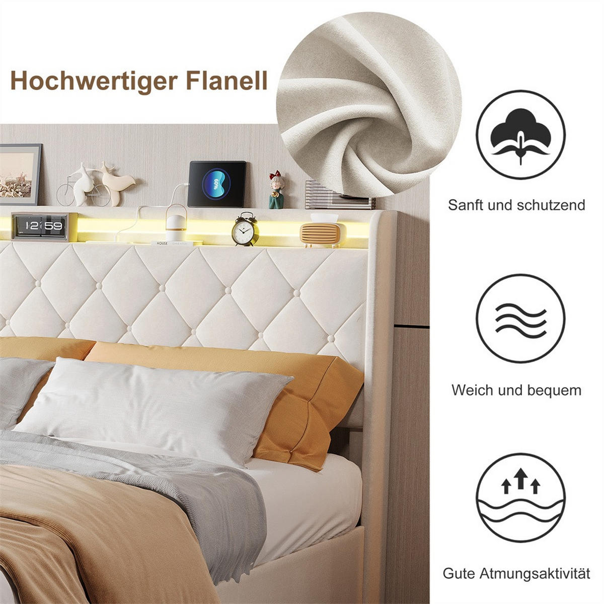 POLSTERBETT 140x200 cm mit 4 Schubladen & LED-Beleuchtung - USB-Anschlüsse - ohne Matratze - Beige - Beige, Textil (140/200cm) - DELFA