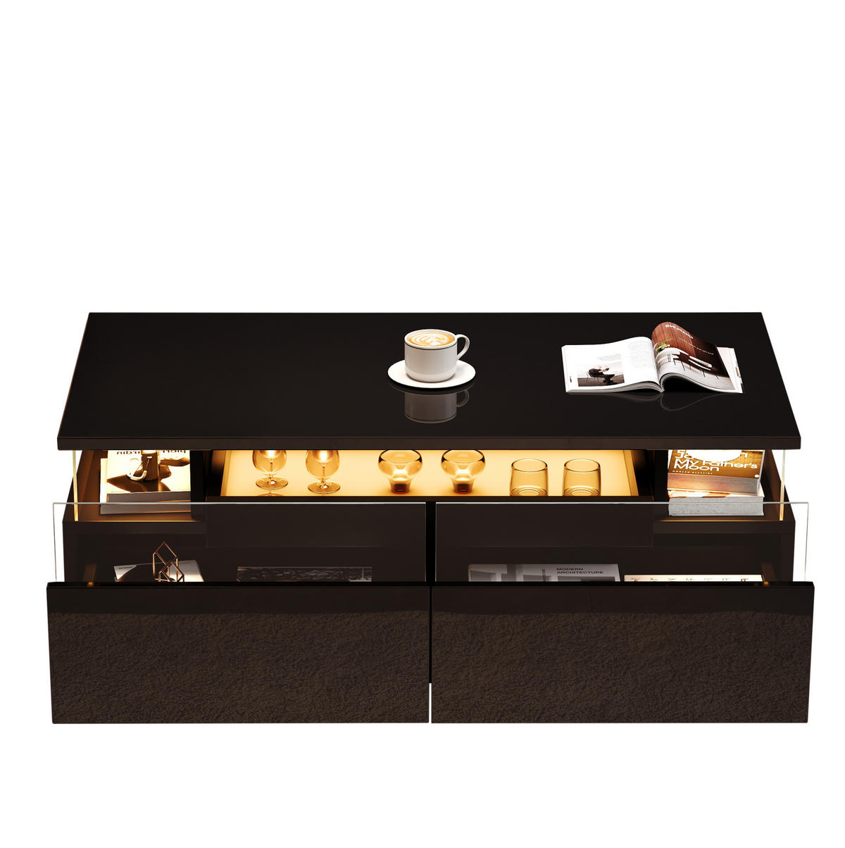 COUCHTISCH 90/45/35,5 cm Schwarz aus Holzwerkstoff mit abnehmbarem Tablett und LED-Licht - Schwarz, Holzwerkstoff (90/45/35.5cm) - OKWISH