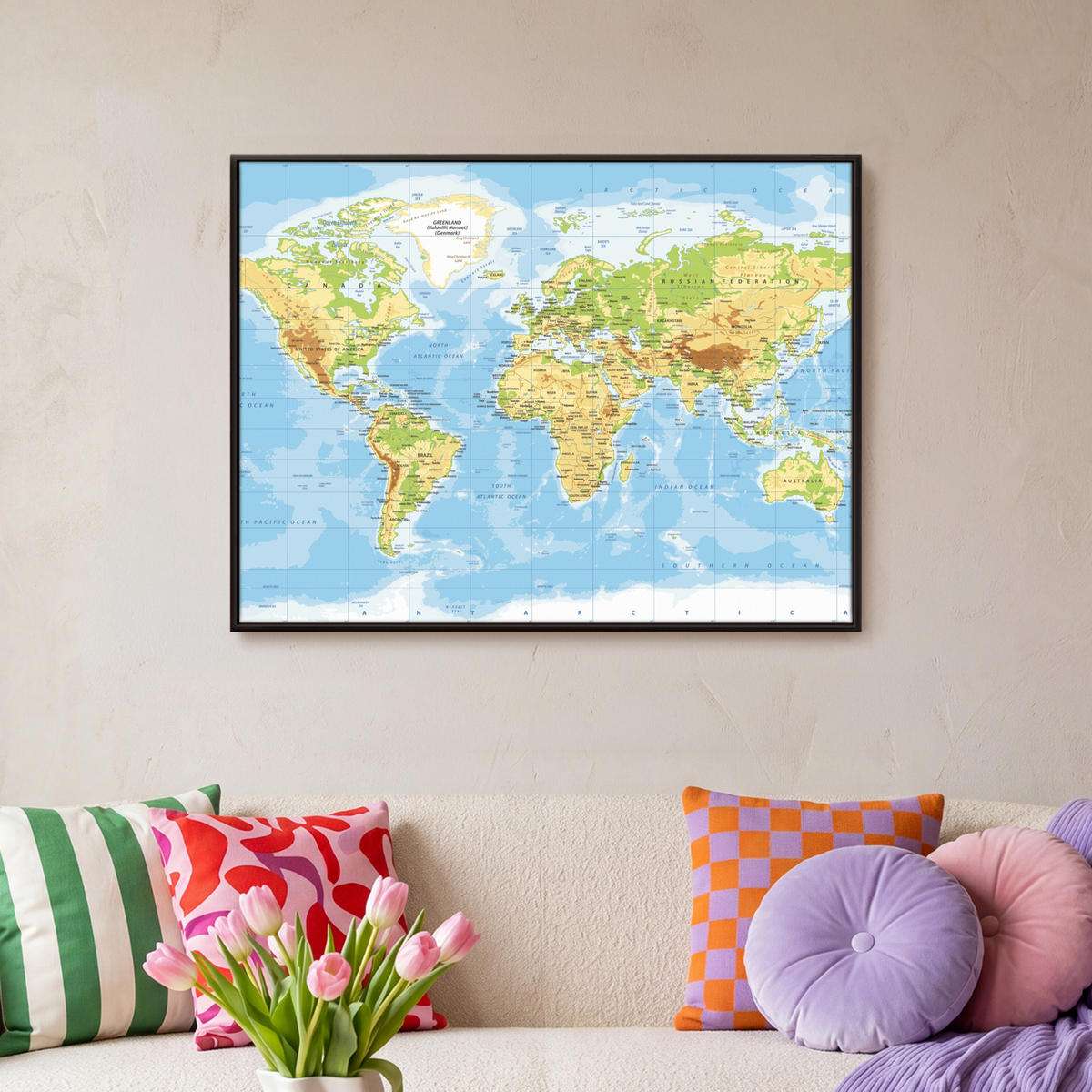 LEINWAND Bilder mit Rahmen - Weltkarte - Statistisch - Blau - Erde - Bildung - 80x60 - Blau, Textil (80/60cm) - MuchoWow