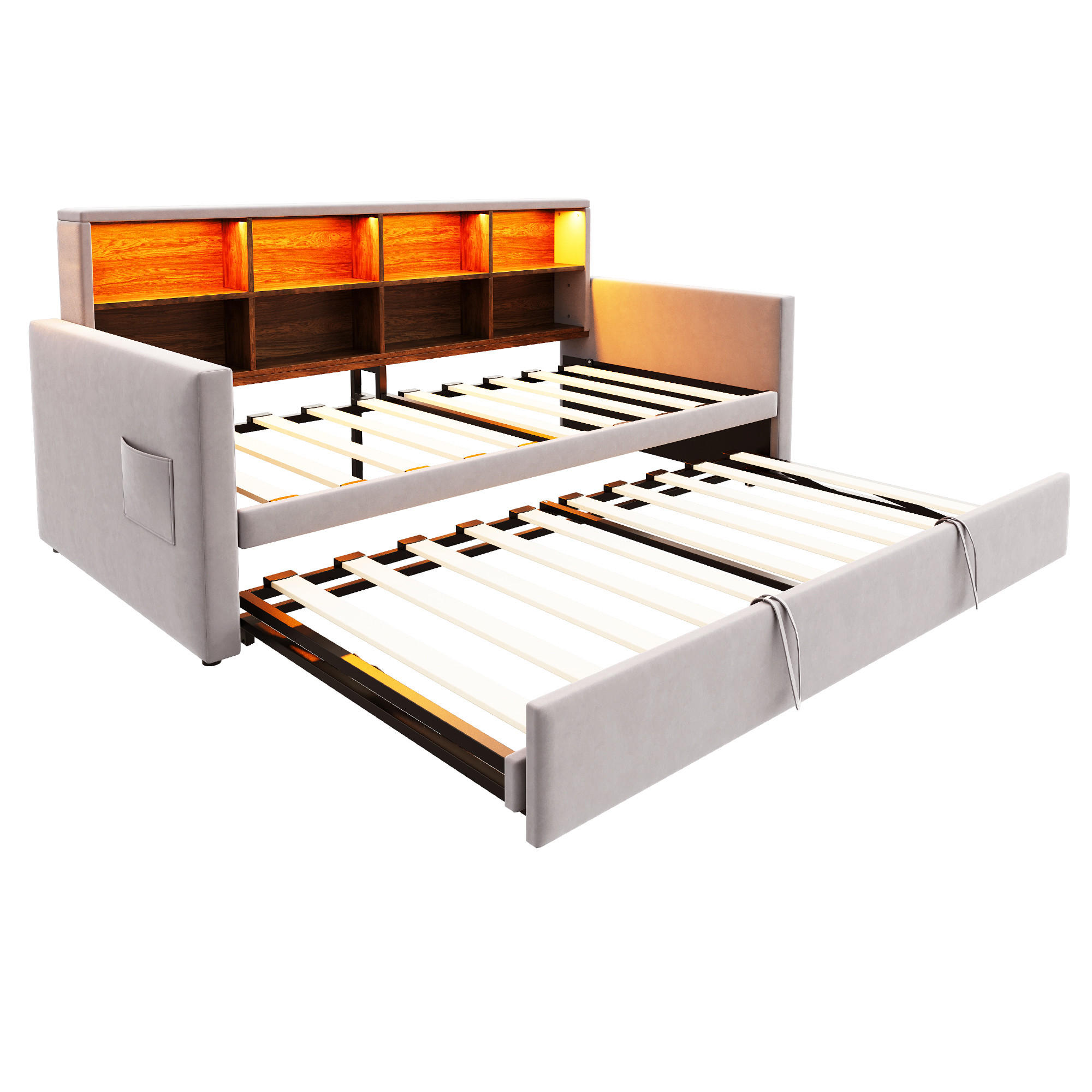 AUSZIEHBETT 90/190 cm DE-02118, in Hellgrau, mit LED, Steckdosen und Staufächern - Hellgrau, Metall (90/190cm) - ComfortXL