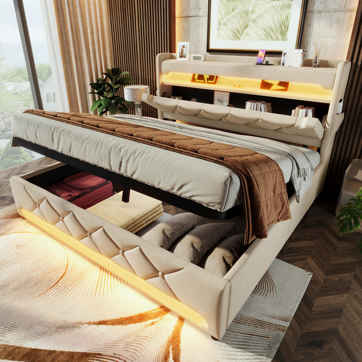 POLSTERBETT 160x200cm Doppelbett USB-C 360° LED Beleuchtung Stauraum Beige - Beige, Holz - FLIEKS