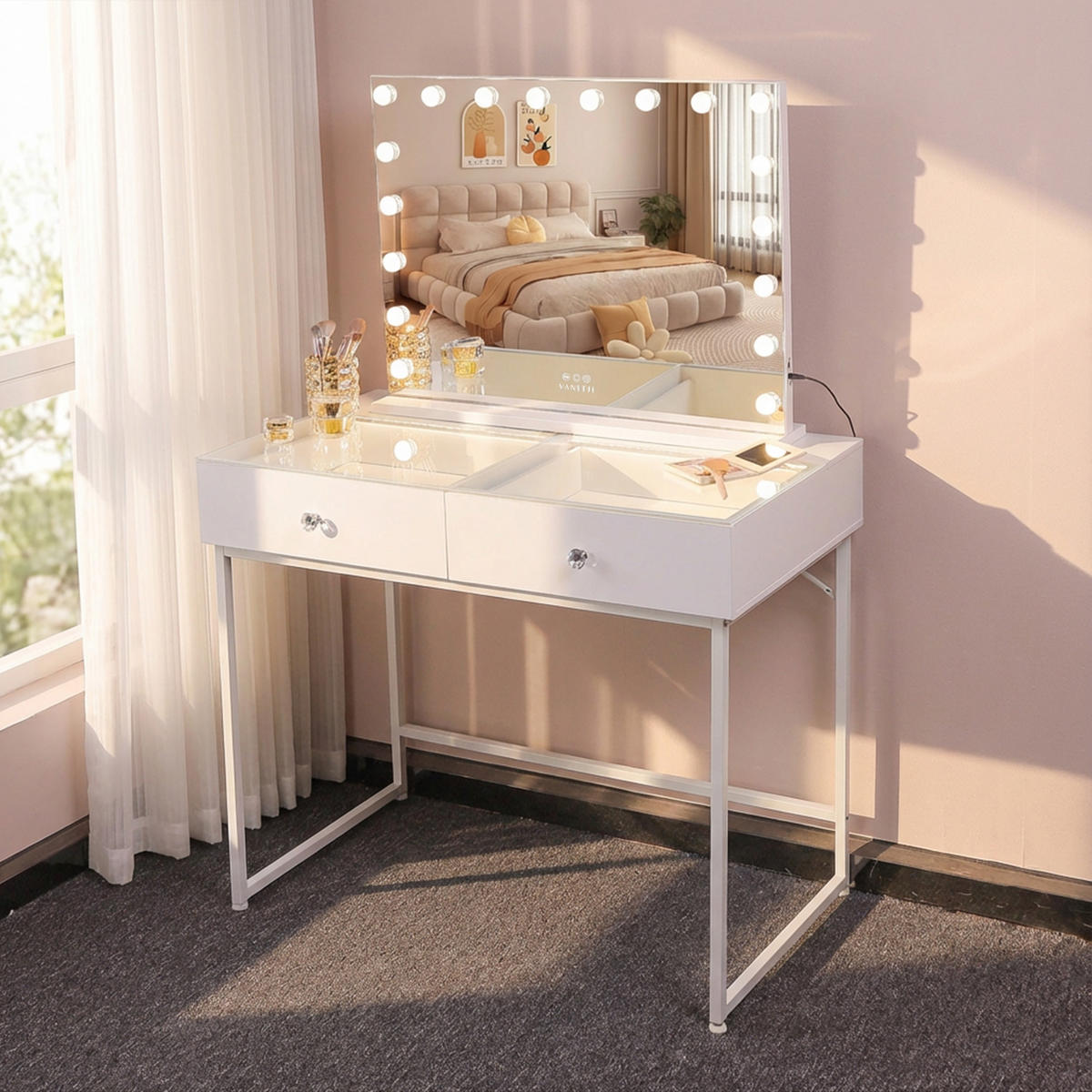 SCHMINKTISCH mit Beleuchtung Weiβ 100/55/81 CM Schminkspiegel 80/58 CM - Weiß, Holz/Metall (55/81/100cm) - VANITII